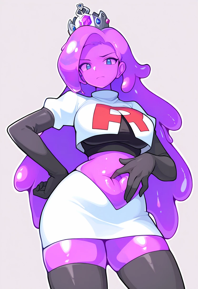 maeve from paladins, small and tight short sleeve t-shirt, tight black panties, bulto en los calzones de una polla erecta, futanari, futa