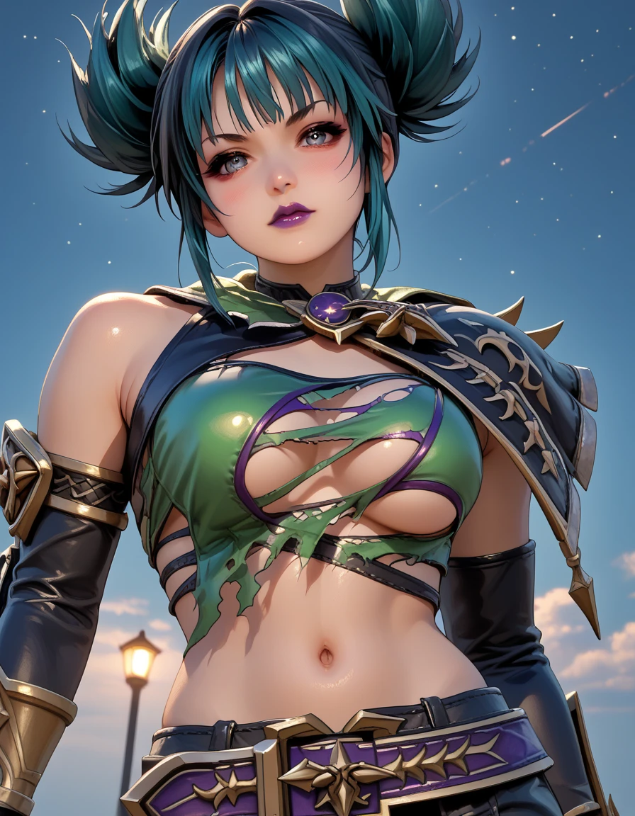 Front view, gray skin elf, Punk fashion, nightcore, azure and bronze, dimensional multilayering, party kei, White and purple, opals, Large torn Parker, Chest, shoulders, tattoos, many accessories, Butterfly accessories, kawacy, cute face, beautiful belly, short hair, CLAMP, Roberto Ferri, aoto, SINoALICE, detailed costumes, detailed character illustrations, eye - catching