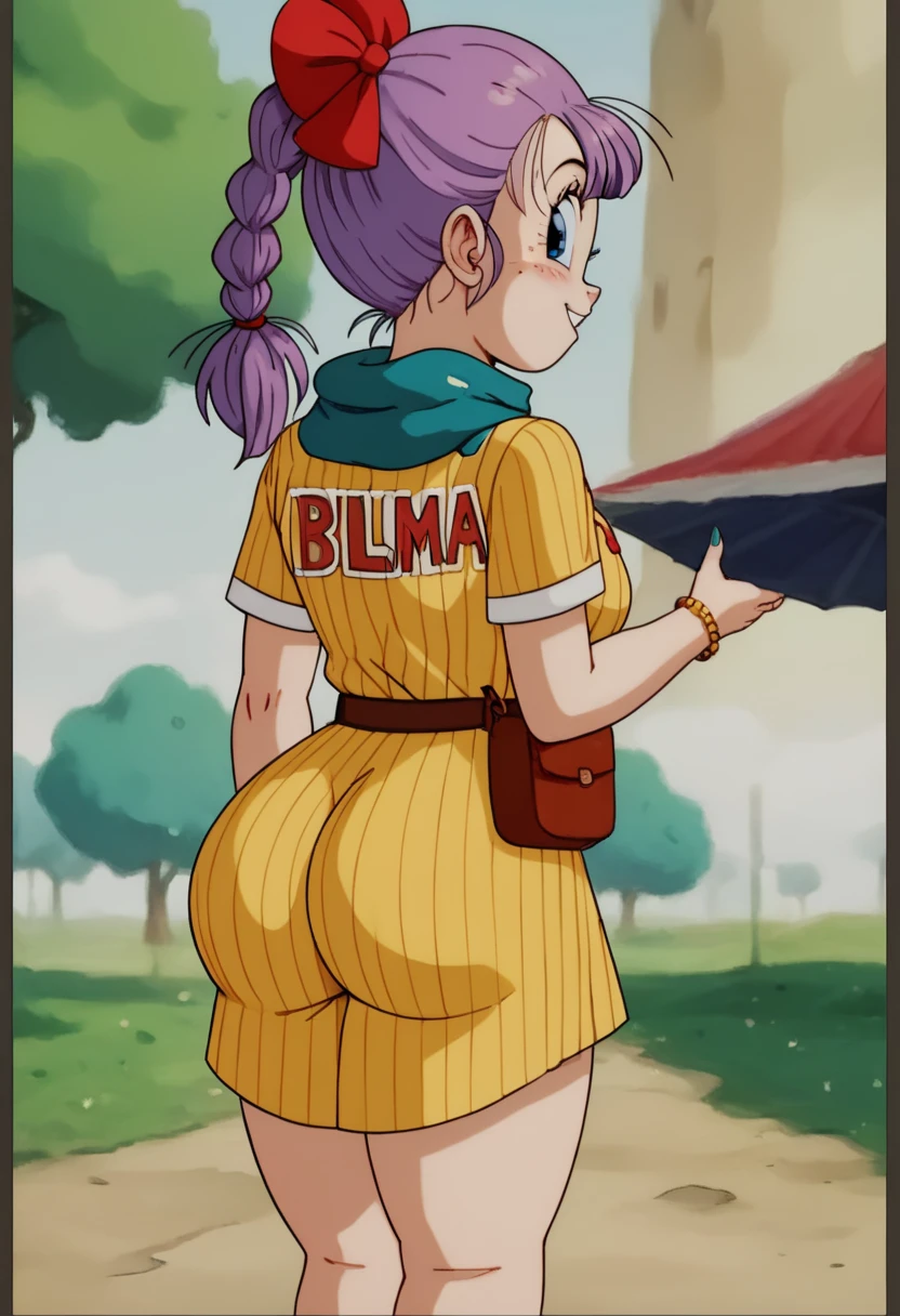 source_anime, score_9, score_8_up, score_7_up, anime screencap, massive booty, thicc, bent over, ass slightly showing, skirt,
bulma, 1girl, solo, open mouth, blue eyes, holding, hair bow, purple hair, outdoors, dragon ball, looking back, from behind, scarf, tree, wristwatch, clothes writing, watch, braided ponytail, yellow vertical-striped dress, bend over, (bending over to grab dragon ball), large butt, big ass, thick thighs, wide hips, small breasts, curvy,