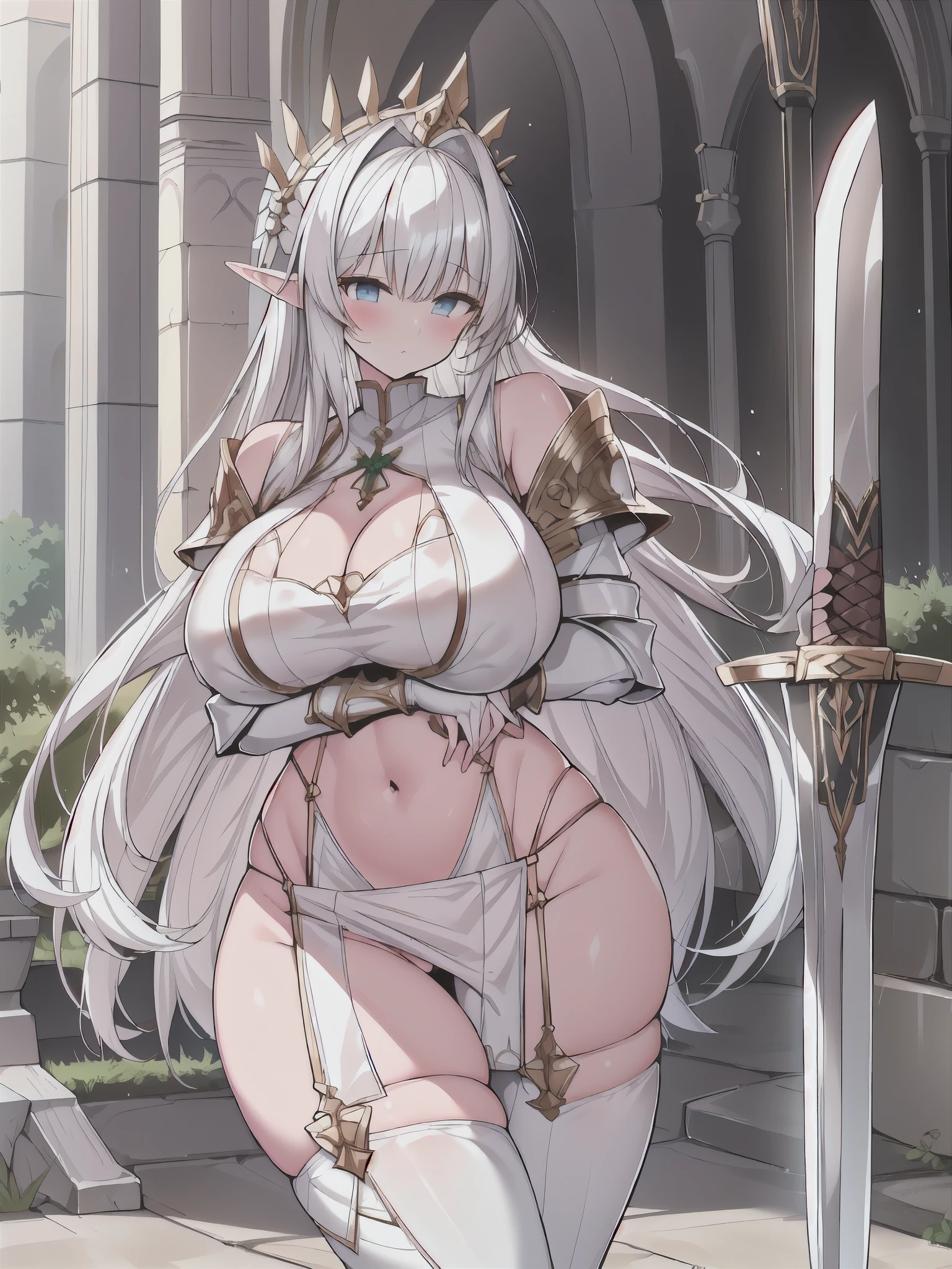 A beautiful white hair Valkyrie rests in a tranquil forest glade during the day, her armor battered and showing signs of a fierce battle,((pubic hair)),(legs spread),pussy, (((peeing))), squat,legs apart,pubic hair, pained expression, (((energetic urine))),(open mouth),(closed eyes)