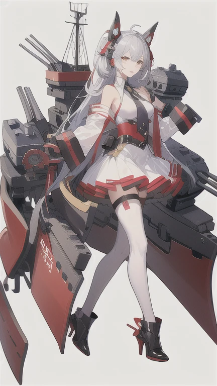 [(white background:1.5)::5], (imid shot:0.95), (full body:1.25), Dynamic angle, (falt color:1.3),colorful rigging, machinery, cannon,turret, Azur Lane-takao, huge breasts