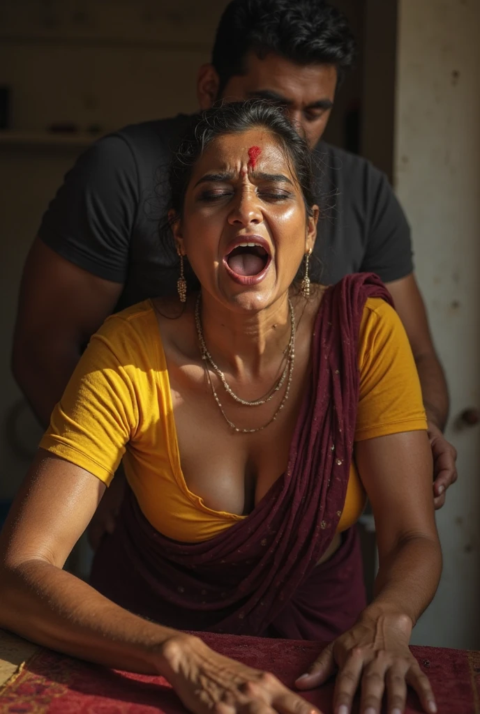 a 50-year-old shirtless man affectionately hugging and kissing aradiant, full-figured South Indian plus-sized 30 year old teacher wearing a off white silky saree in dressing room, (cum Splash on her face and blouse, cum Splash on her face, cum Splash)captured in a full-body image with vibrant hues and meticulous details. Full body image