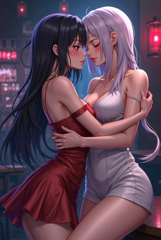 8k, RAW photo, best quality, masterpiece:1.2,2girl,mature female,White_hair, bangs, long_hair, earrings, jewelry, hair_between_eyes, closed_mouth, purple_eyes,((silk hot white dress:1.3)),((see through:1.5)), vacuum,((body tattoo:1.3)),cleavage,textured skin,Hot, (wet skin:1.5),(sweaty body:1.5) cowboy shot, marble floor,penetration,breast pressed, interlocked fingers,symmetrical docking, holding hands,asymmetrical docking， crossover,tongue kiss,
