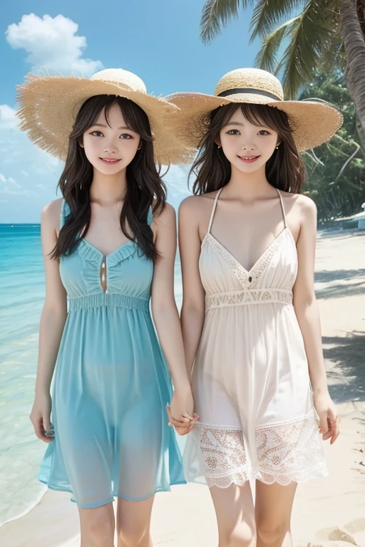 A beautiful woman in a white dress on a beach with a hat, pale skin , smooth pale skin, skin tune pink, with straw hat, posing on a beach with the ocean, standing on a beach in boracay, wearing two - piece swimsuit, 1 8 yo, 2 4 year old female model, 2 5 yo, standing at the beach, wearing huge straw hat, is wearing a swimsuit