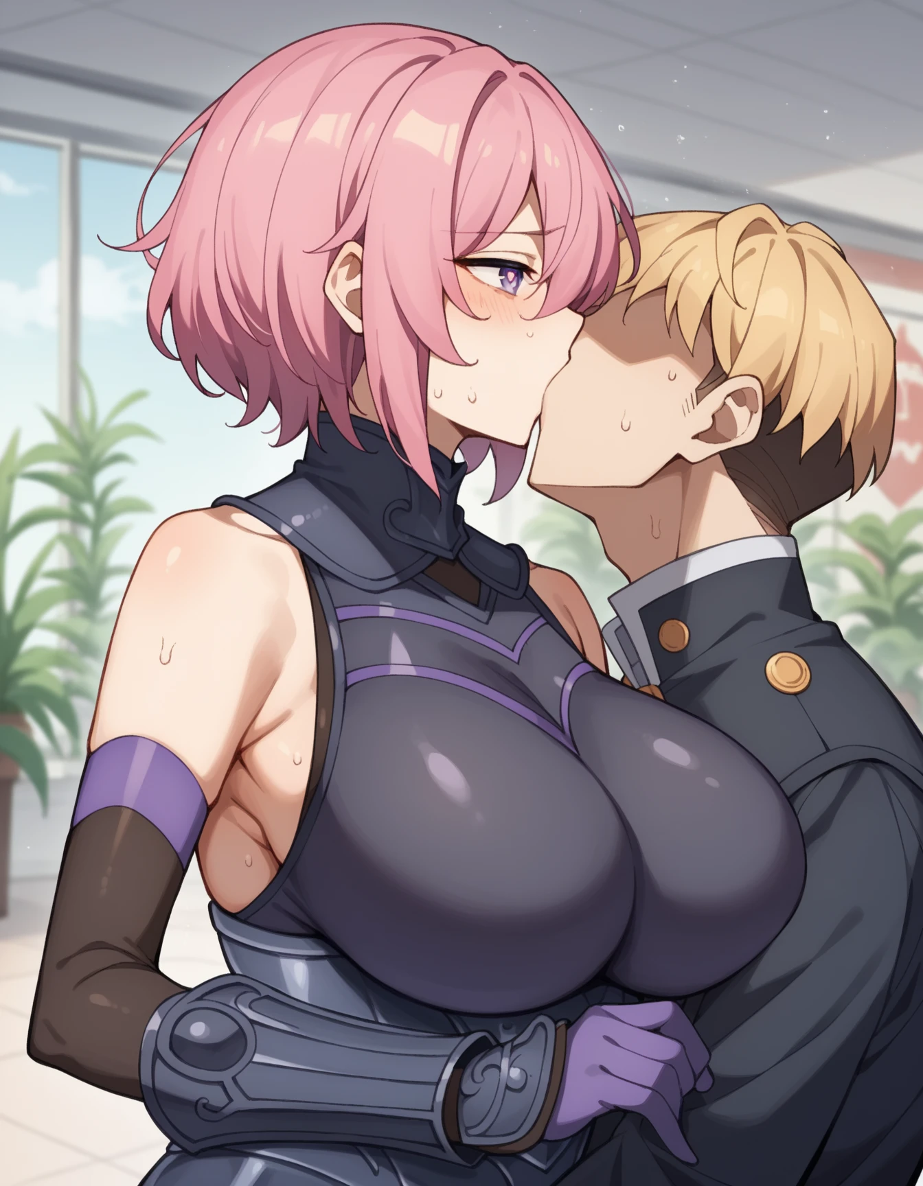 source_anime, rating_explicit, score_9, score_8_up, score_7_up, black_hair, goth, gothic, short_hair, looking at viewer, crop top, skirt, thighhighs, black clotges, goth girl, ikuchan, 2boys, mmf, standing side by side, faceless male, ), muscular male, ((size difference)), clothed, gyaru fashion, breast grab, cuckold pov, ((netorare)), ((ntr)), cuck, cuckolding, ((light skinned male)), ((cuck)), ((bleached)), ((wmaf)), white male Asian female, indoors