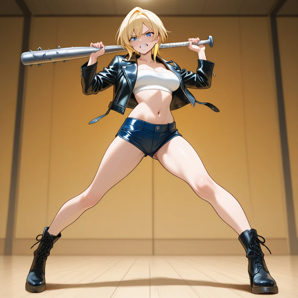 Blonde girl eating steak in an American steakhouse Wearing sneakers High leg shorts with suspenders Large Breasts Showing her belly button Ultra low rise Knee-high socks No underwear Belt on chest
