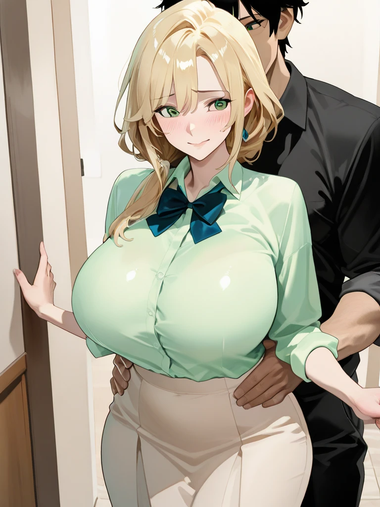 home maid with blonde hair and green eyes and a maid costume with a skirt, thick thighs, huge breast, thigh highs ( groped by a shirtless fat male with only a speedo)