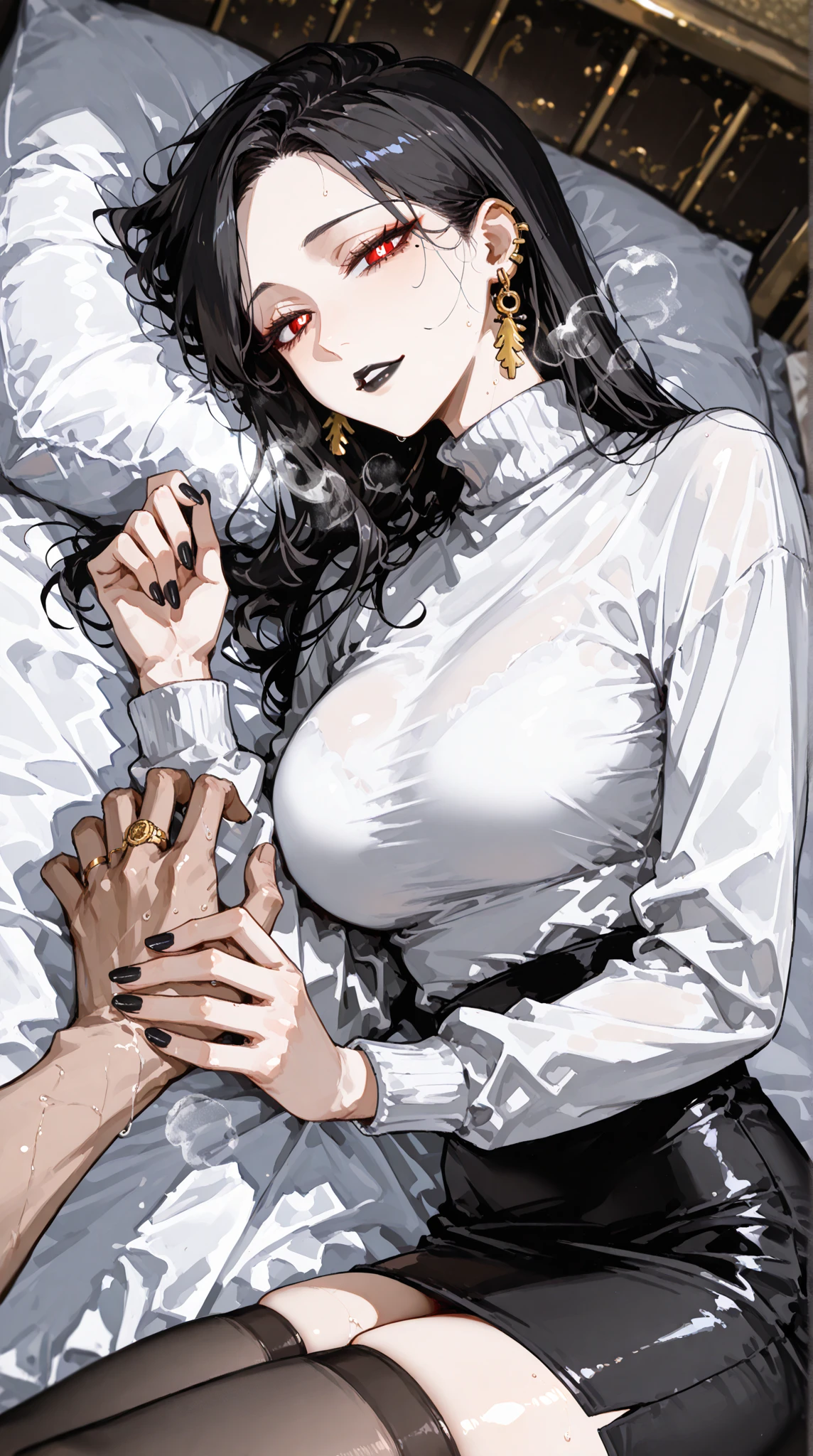 （（super high quality,Ultra-high resolution,4K,8k,super masterpiece,Ultra HD ,Detailed shading））,Full body photo,Angle from a high ceiling,Lying in bed,A seductive mother,popped collar White shirts,Tight collar,Long sleeve,BLACK Pencil Skirt,Black Hair,Penis insertion,Sex,Glasses,Place your hands behind your head,足を広げてSex,Ahegao,blush,Sweaty,semen,Drooling,Pearl Earrings,Pearl Necklace,