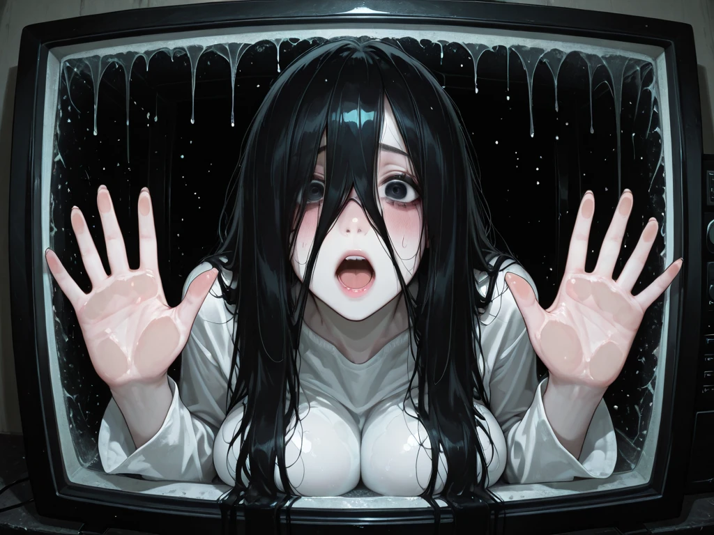 sole girl, full body, white nightgown, in private study room, trembling, wearing black collar, full body, teary gray eyes, detailed background, detailed arms, saliva dripping, small breasts, sfw, sweaty body, very sweaty armpits, soaking armpits, sexy armpits, a lot of sweat dripping from armpits, sweat flowing down from armpits, beautiful armpits, tsundere face, long black hair, embarrassed, shiny skin, high resolution, (symmetrical clear eyes:1.2), sense of depth, 4k, best quality, masterpiece, detailed illustration, destructive art, (ray tracing, Illustrated, reflected light)