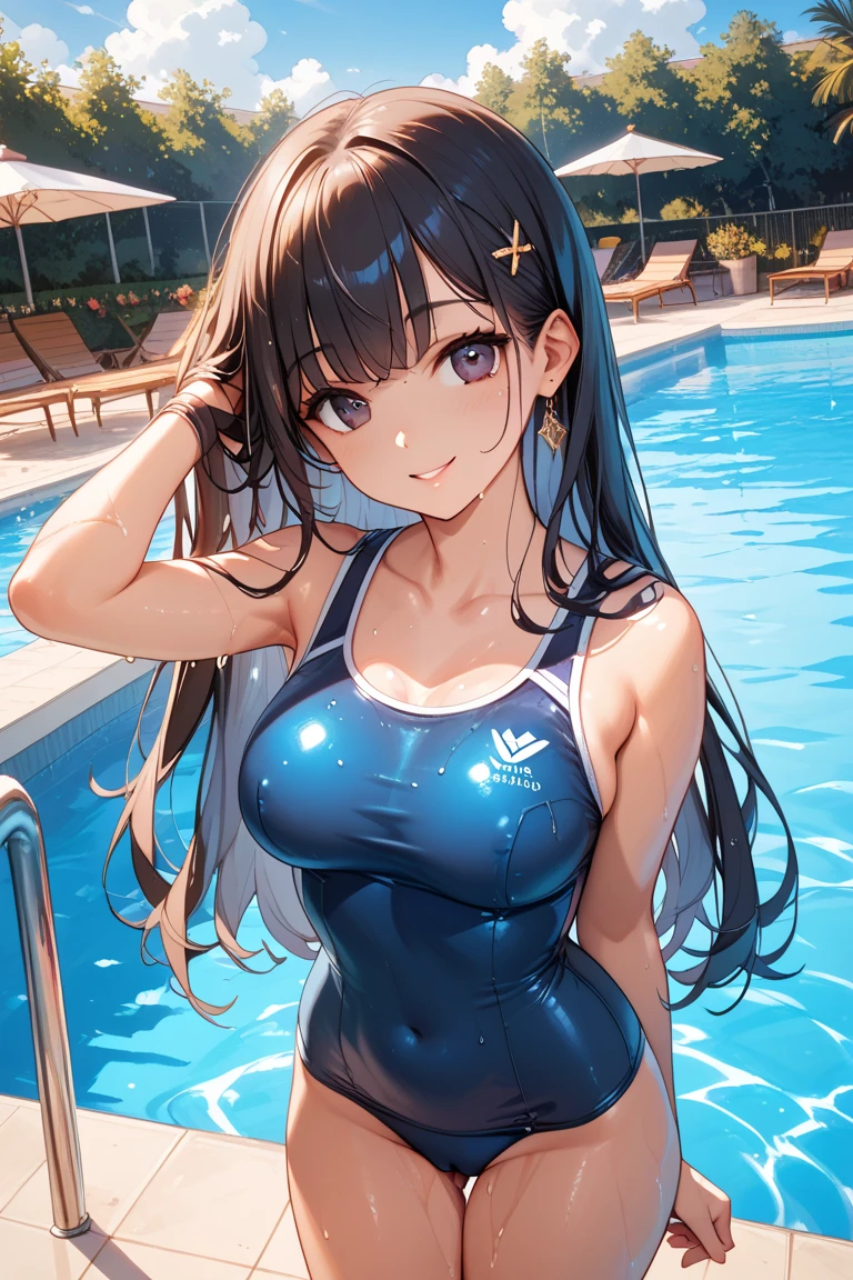 (1 Girl, alone:1.4),(Angle from below:1.4),(masterpiece:1.5),Very accurate and detailed,Ultra-high resolution,Highly detailed CG Unity 8k wallpaper,(Realistic,Realistic,超Realisticな:1.5),(curve,model,Glamour:1.5),Beautiful breasts,Chromatic_aberration,Beautiful detailed shadows,Beautiful Eyes,Beautiful body,Beautiful Skin,Beautiful Hands,(Aesthetic Anime Eyes:1.4),Highest quality,(26 years old:1.4), (Brown eyes:1.4), tsurime, eyelash, Black Hair, Long Hair,Straight hair, Blunt bangs, blunt end,Cleavage cutout,(Navy school swimsuit:1.4), (Wet cloth),Expose your shoulders, Bare arms, Cleavage, Big Breasts, Upper Body, Looking at the audience, behind, On the bed, blush, smile,,(Poolside:1.3),