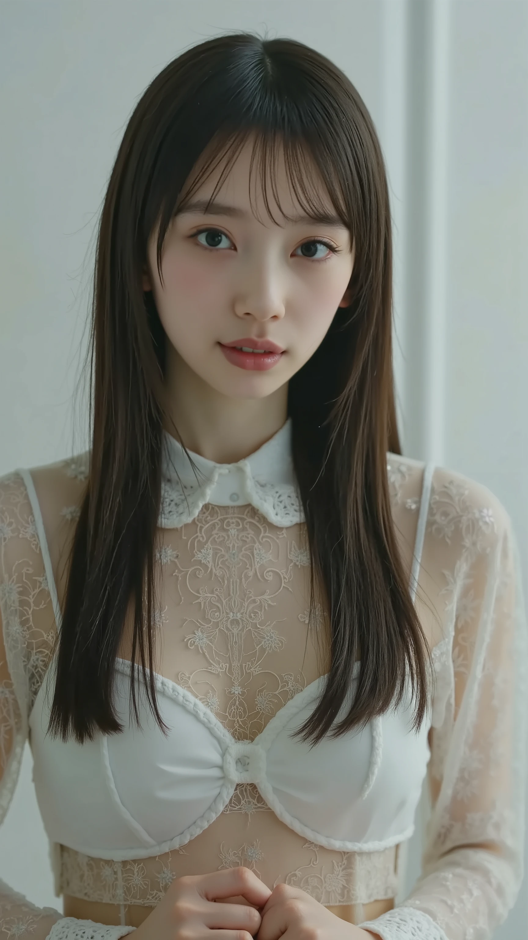 high resolution photograph of a young Japanese woman, masterpiece, amazing quality, intricate details, extremely detailed, professional lighting, (electronic flash), (sharp focus), solo, 1girl, upper body, While changing clothes ,dress shirt,no nipples , cleavage ,navel,transparent,changing clothes