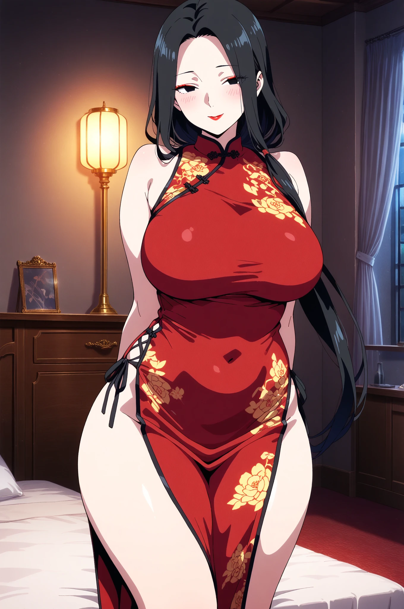 An anime-style artwork depicting Taihou [Azur Lane] 
Tags: Taihou, anime, detailed eyes, detailed lips, ass, (black hair), red eyes, bare shoulders, (red party dress : 1.1), curvy, thighs, higheels, shiny clothes, skin tight, short hair, solo, huge breasts, smiling expression, intense gaze, dynamic pose, indoor, palace, vibrant colors, digital art, high-resolution, professional quality, gigantic breasts, cleavage, curvy, cowboy shot, (gigantic breasts: 1.4)