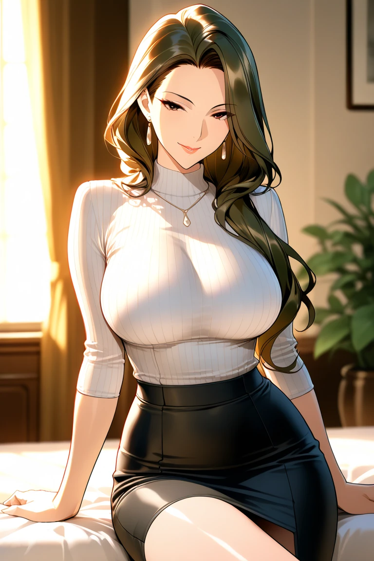 (table top, highest quality, High resolution, , perfect pixel, 4k,), 1 girl, single, alone, Beautiful woman、I could see the whole body、 ((Wavy mid-hair, bangs, brown hair)), ((brown eyes, beautiful eyelashes, realistic eyes)), ((detailed face, blush:1.2)), ((smooth texture:0.75, realistic texture:0.65, realistic:1.1, Anime CG style)), medium breasts, dynamic angle, perfect body, ((, female teacher, , earrings、necklace、white turtleneck sweater、beige flared skirt、black knee high stockings、open both legs wide、、shy smile)), Upper grade、look back、、evening、sit at desk、、(When I rub her breasts with both hands, I can see her white lace panties.、close your chest with both hands)、angle from below)、