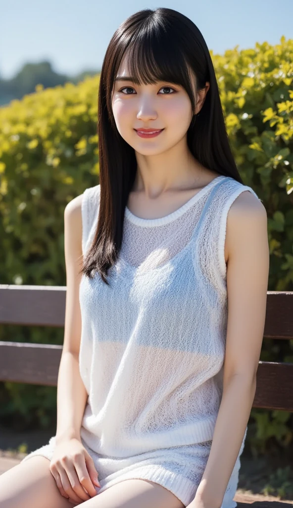 (8k),(masterpiece),(Indonesian),(11-years-old girl),((innocent look)),((Childish)),((no bra)),From the front and above,smile,cute,Innocent,Kind eyes,very wet short white thin tank top, white frill skirt blowing in the wind,semi-long,Hair blowing in the wind,Black Hair,Somewhat strong wind,noon,bright