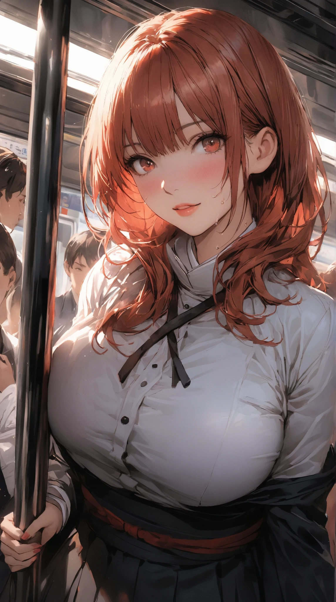 mastute piece,Best Quality,insanely detailed,8k cg,nsfw,
(shoot upper body:1.3),
(1girls:1.3),standing,looking at viewr,body in front,both arms behind back,(school uniform:1.3),(bare breasts:1.1),(bare nipples:1.1),
break,
blush,shy,(ecstasy face),(trembling:1.2),break,(light orange hair:1.2),
break,
perfect breasts,perfect teats,(open mouth:0.9),(large breasts:1.2),
(inside train)、