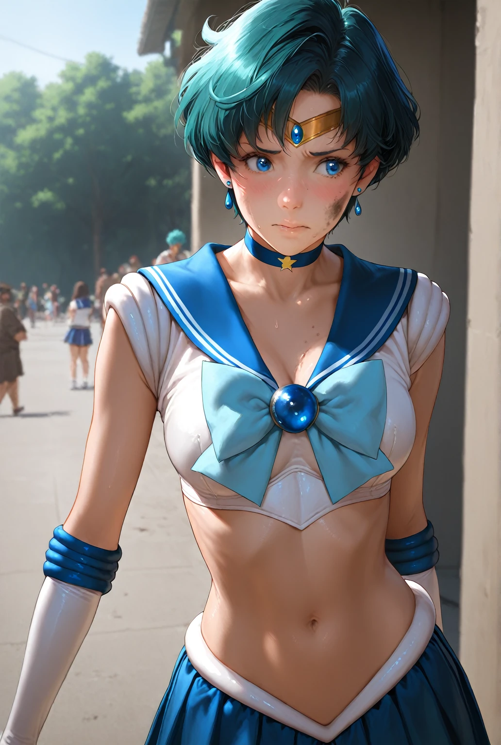 16 year old female high school student, sailor mercuryがCowgirlで性交する, (((realistic, highest quality, High resolution, real women pictures:1.2))), (((sailor mercuryのレオタードを着ている:1.3)), (sailor mercuryのコスチューム), (slender body shape:1.7), Cowgirl性交するNadia, (anatomically correct:1.3), short-haired with bangs, (I am wearing a white sailor warrior leotard whose fabric is too thin...:1.2), 膣に陰茎を挿入するCowgirlポーズ, curved body, not wearing underwear, The lower part of the body is exposed, 大きく股を開いてCowgirl, A white leotard that sticks to your skin too much, Detailed depiction of the vagina, beautiful thighs, A huge penis is pushed up into the vagina, nose too small, toned stomach, 16 year old beautiful girl has sex with clothes on, saddle, Cowgirl, Girl Straddling Man, (normal limb), Too cute small face, The whole body is wet with sweat, put your hands behind your head, can'I can't see my nostrils, realistic, vagina is wet, lips slightly open, (anatomically correct:1.2), man inserts penis into girl, sailor mercury, On a street with heavy traffic during the day