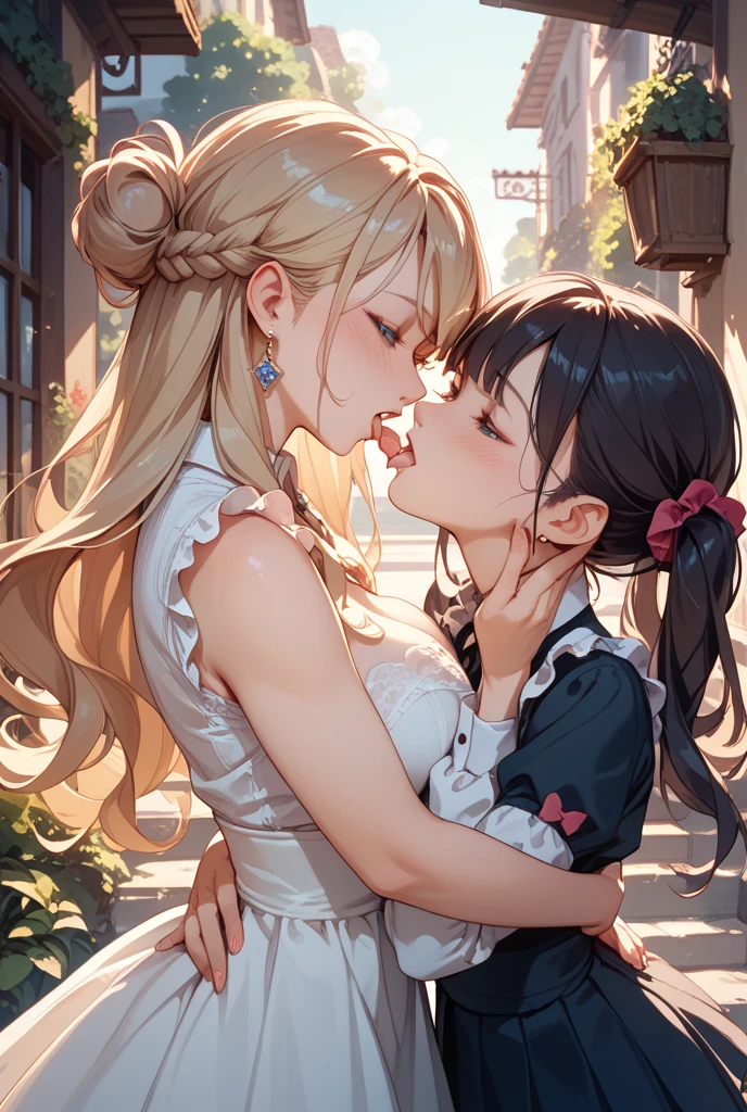 (((masterpiece))), (((best quality))), extremely detailed, hyper detailed,  detailed background, extreme detail background, sharp details, extremely detailed face, perfect lighting,  tongue kiss, tongue out, aroused, 2girls, girl on left, girl on right <lora:KISSING_V1:0.7> <lora:InCase-LyCoris-V4:0.7> wedding dress, standing, in church, wedding BREAK
shinomiya kaguya, red eyes, black hair, hair ribbon, BREAK
<lora:loveiswar:1> hayasaka ai, blue eyes, blond hair, blue scrunchie, side ponytail