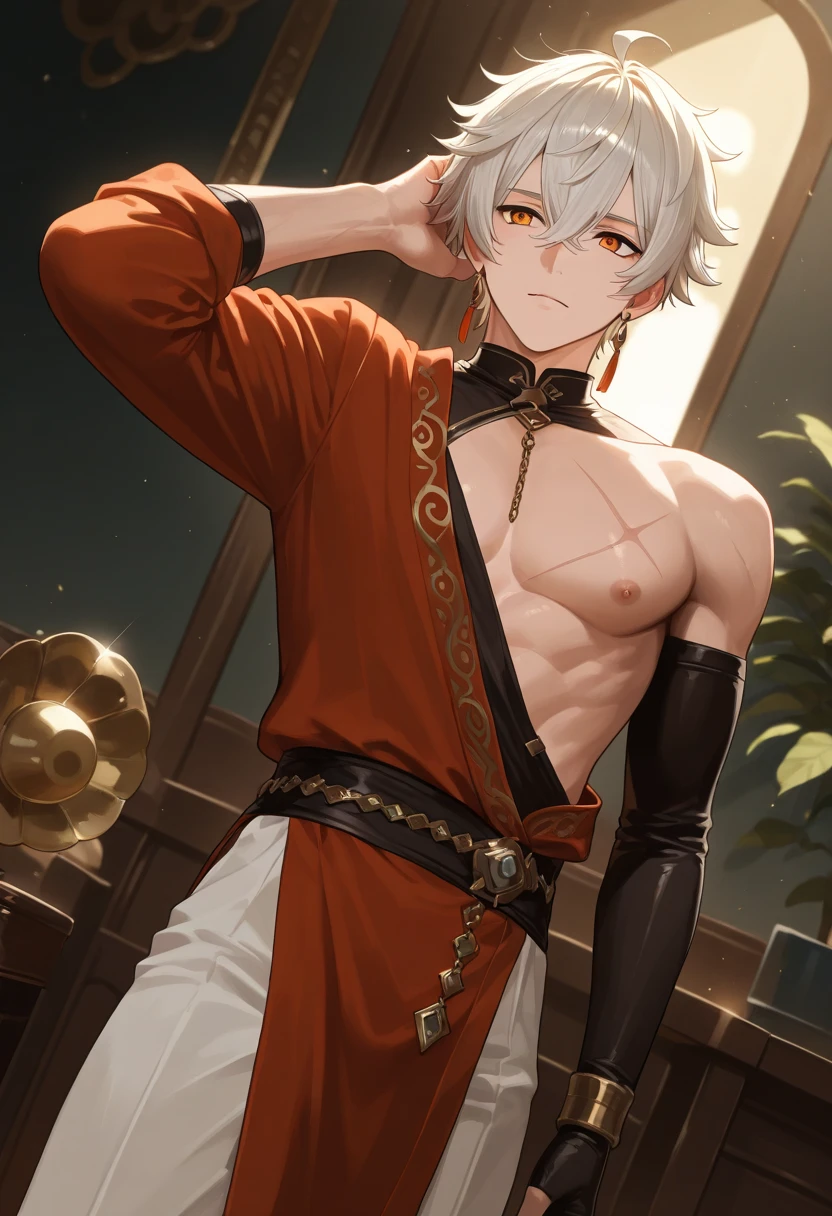(masterpiece), best quality, expressive eyes, perfect face, perfect eyes, perfect body, genshin impact, 1boy, only 1 Kaedehara Kazuha, single, husbando, muscular male, cisgender male, masculine, masculine face, anatomically correct, handsome face, ((tall and slender Kaedehara Kazuha)), male Kaedehara Kazuha, mature Kaedehara Kazuha, Kaedehara Kazuha from genshin impact, wet Kaedehara Kazuha, oiled up body, drenched in sweat, sole male, solo, alone, broad shoulders, perfect nipples, decently muscular body, muscular biceps, muscular chest, broad shoulders, small waist, on the bed seductively, red slave collar, Kazuha is only wearing a red miniskirt, harem palace interior