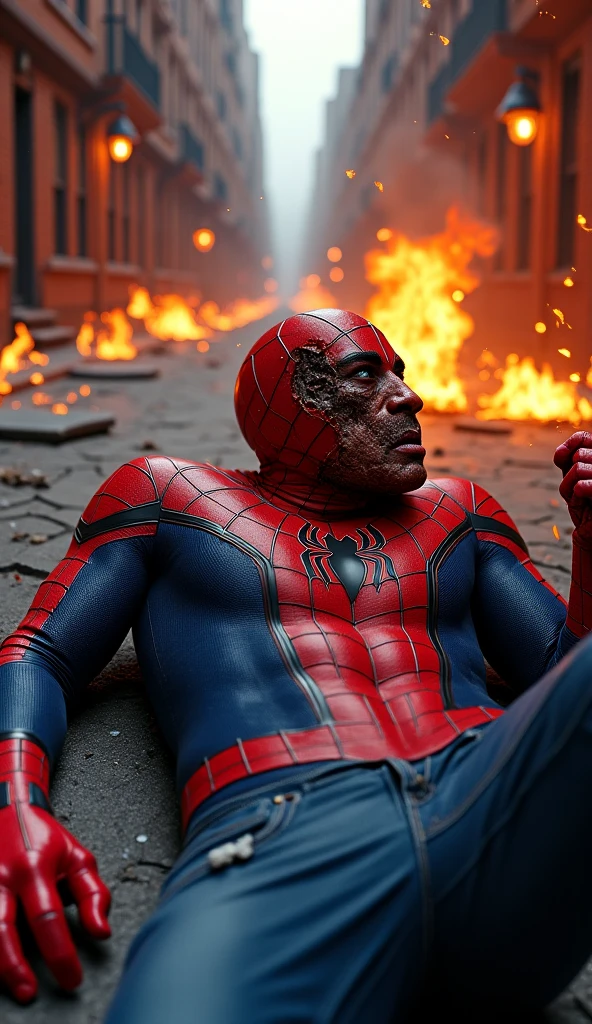 Spiderman qui sort d'une marre de sang
Sa couleur se confond avec celle de la marre de sang
L'image soit être très gore, et encore plus sombre, presque noir
On le voit du dessus, allongé dans l'eau, en train d'en sortir
Il est a paine visible, sa silhouette se dessine mais il est a peine perceptible
On doit voir l'horreur sur son visage, l'émotion de la peur sur joué