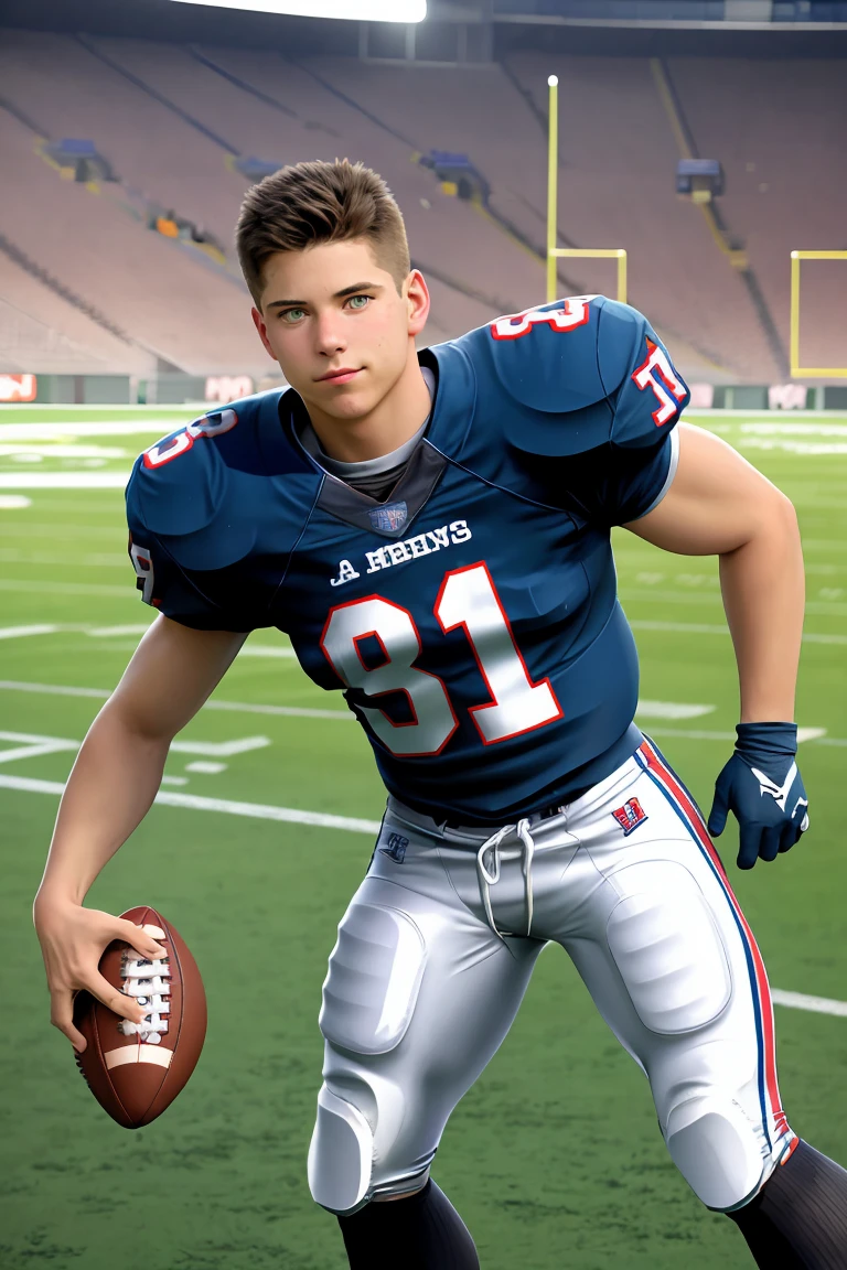 photorealistic image, RAW analog style, smug expression, british cute handsome 18yo male football player, huge bulge, hairy thighs, slim young body, (football cropped jersey), tight briefs, bulge, posing in a football arena, short brown messy hair, BOKEH, detailed skin, detailed face, 8k, skin details, (realistic lighting)