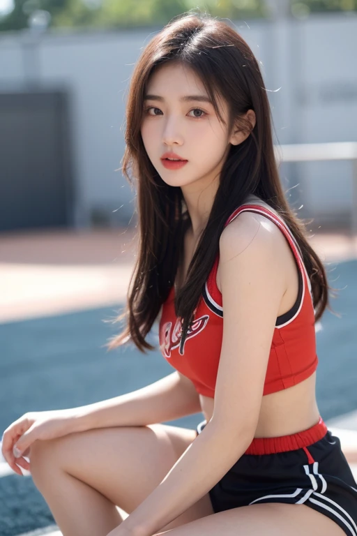 ((best quality)), ((Masterpiece)), (film aesthetics:1.4), 8K, Photo of a Korean girl, 18 years old, long, curly black hair, oval shaped face, pretty and cute, white skin, perfect figure, B cup breasts, small waist, wearing a strapless top and red shorts. colorful flower garden Picture from an angle looking up at the sky