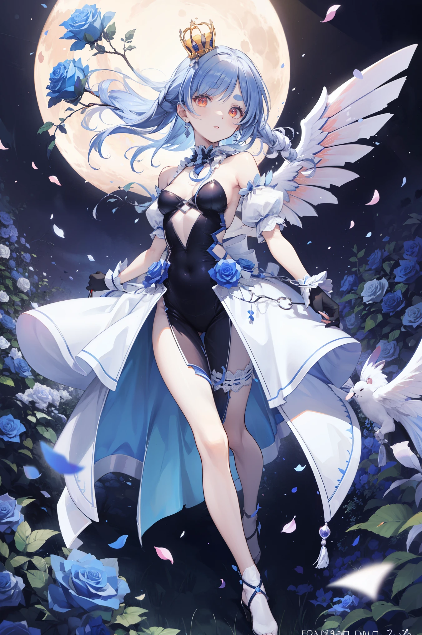beautiful, masterpiece, Highest quality, anime, One girl, C Cup,Portrait Shot, View your viewers, Covered、Short Hair、nearby、Blue Eyes、art、、White hair,Blue streaked hair、wallpaper、hairpin、Cute smile、Thighs、Blue-black_Gloves、Blue-black_Knee-high boots、Cute、Fantasy clothes