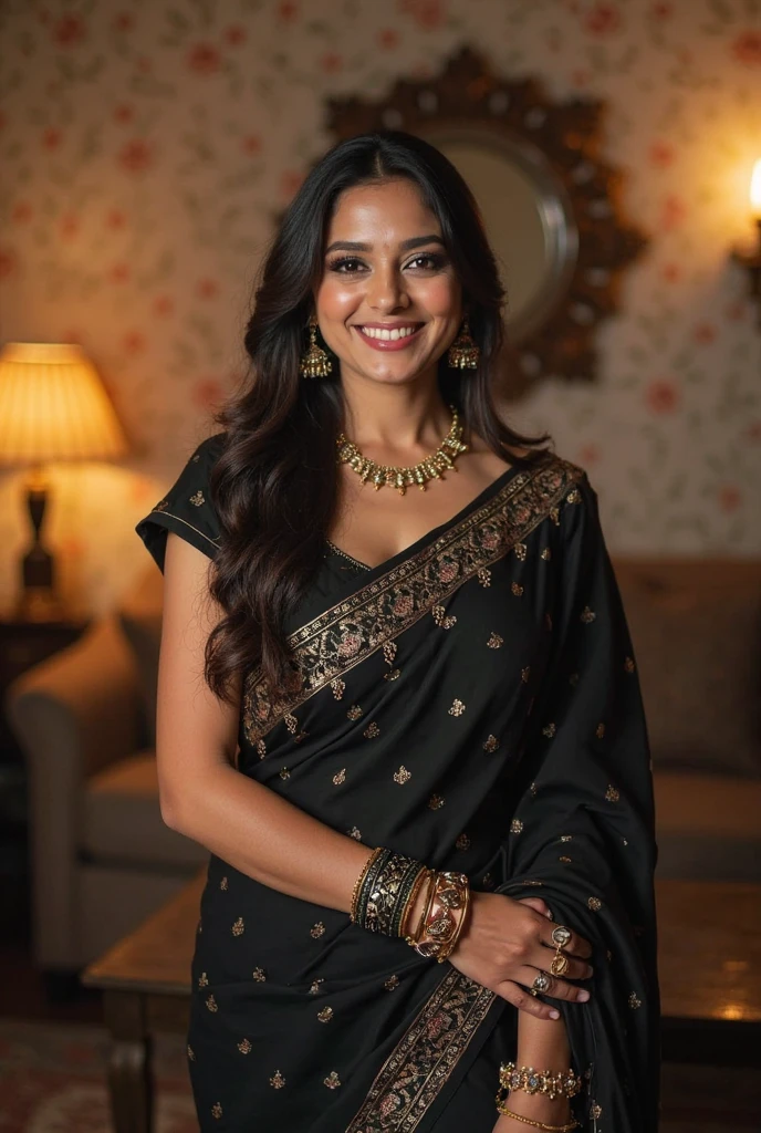 The woman in the image has a round face with full cheeks and a soft expression. Her skin tone is light, and she has a warm, welcoming smile. She has dark eyes and dark, long hair that falls straight down her back. She is wearing traditional Indian attire, specifically a black saree with a sleeveless blouse. The saree has a lace texture, and the blouse has a subtle pattern. She is accessorized with dangling earrings, a wristwatch on her left wrist, and a red thread bracelet on her right wrist. Her body is curvy, and she stands with a confident posture.