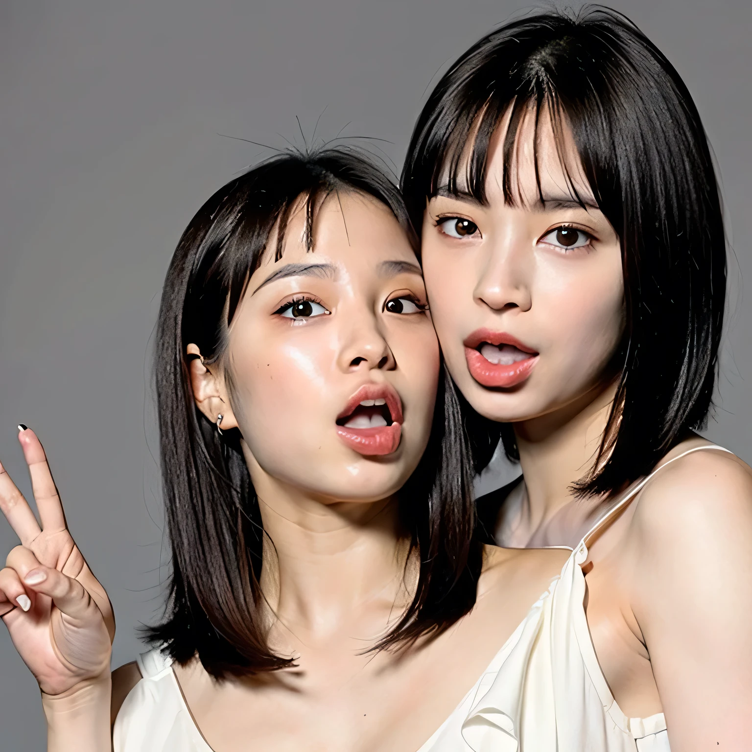 Two girls kissing in the city at night.
One of the girls has short hair , half shaved. The other girl has medium black hair.