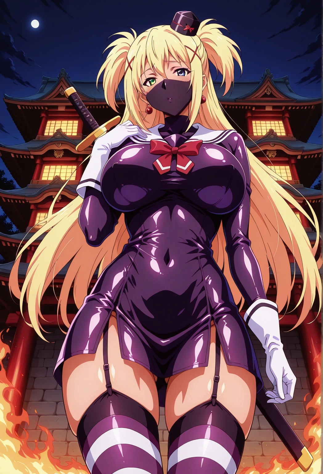(Realistic:1.5) (masterpiece) 3boys, bottomless, desk, sword, ball gag, spitroast, smoking, elbow gloves, double dildo, on stomach, indoors, doujin cover, fingering, cum on hair, breasts out, microphone stand, pointy ears, ponytail, curvy, public nudity, <lora:EdobComic02_v1.0:0.8>
