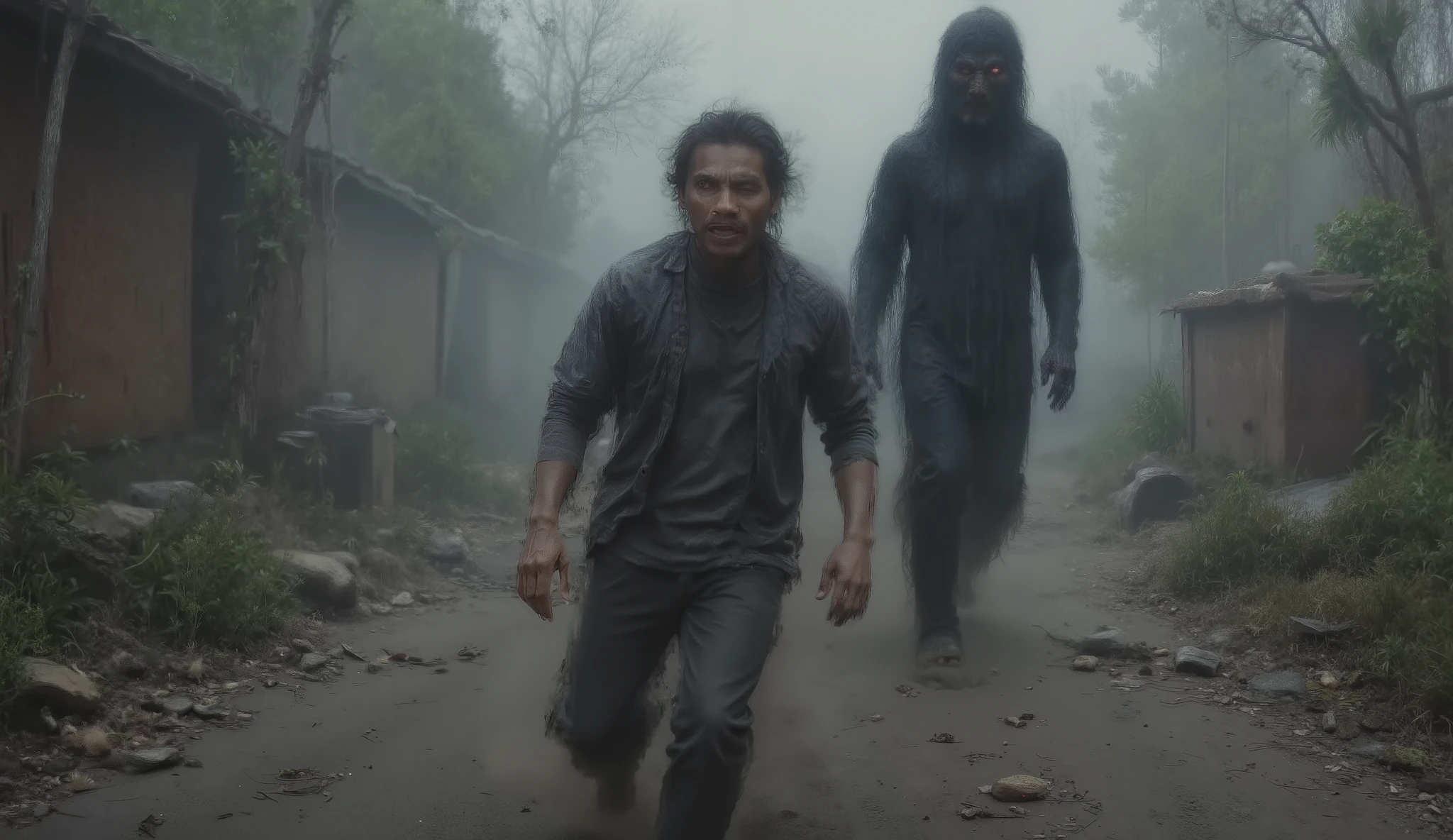 A terrified young Indonesian man running at night with a panicked expression — wide eyes, open mouth, tense brows. He is around 25 years old, wearing a t-shirt and jeans, sprinting forward on a foggy rural path. Behind him is a dark shadowy creature covered in black fur — a tall, humanoid figure with glowing red eyes and long limbs. The creature appears to be mid-run, chasing the man. Its form is terrifying but unclear, like a demon or forest spirit made of shadows and fur. The atmosphere is dark, misty, with cinematic horror lighting. Motion blur on both figures adds to the urgency. Focus on the man’s expression and the disturbing presence of the furry shadow creature.