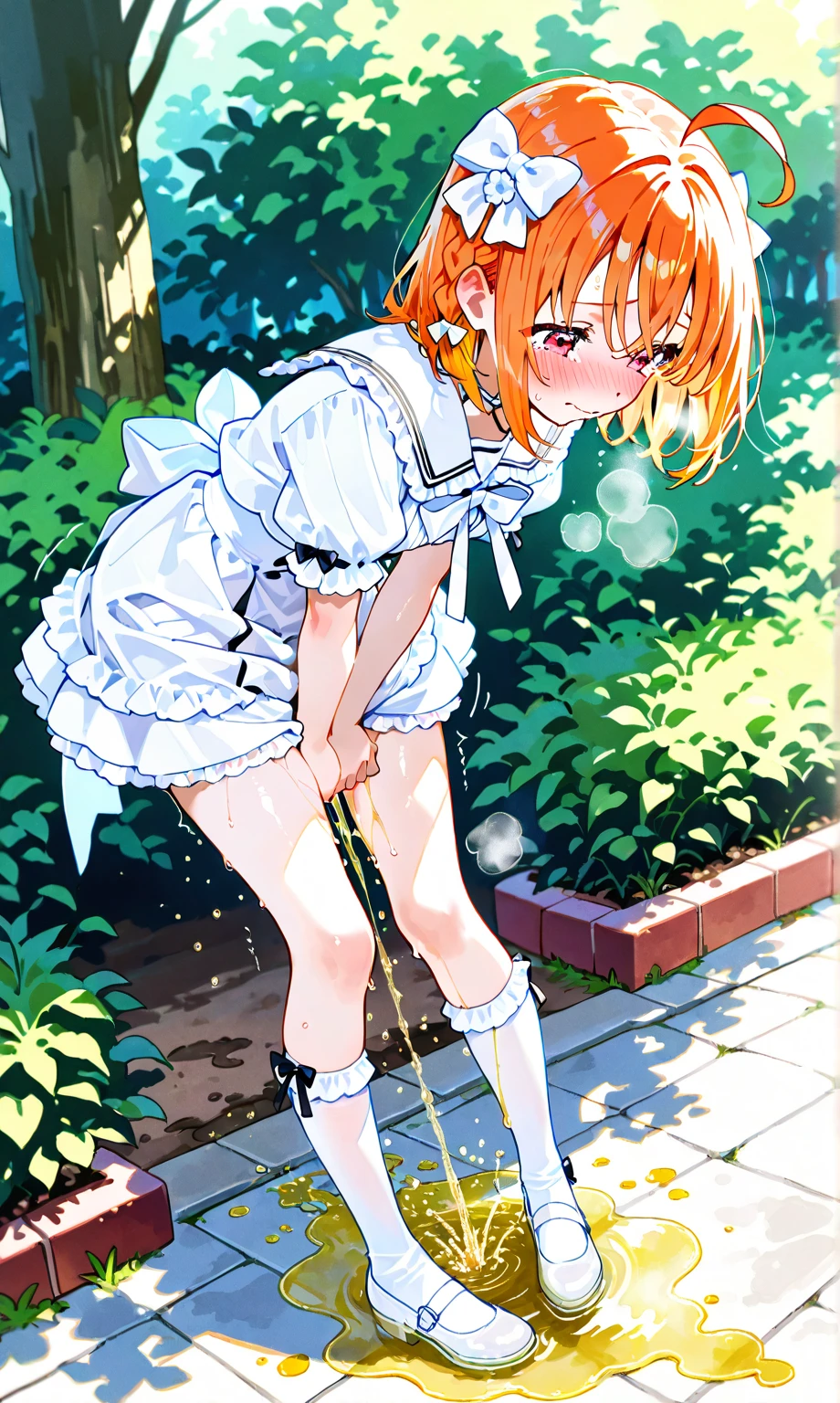1girl, nsfw,okita, yellow eyes, blonde hair, short hair, ahoge, hair bow, black bow, large Breasts, nsfw, nipple, naked, empty eyes ,Abandoned amusement park, frozen, Wet, crying ,crying, Naked, , (1girl) solo, Peeing, lactation, projectile lactation