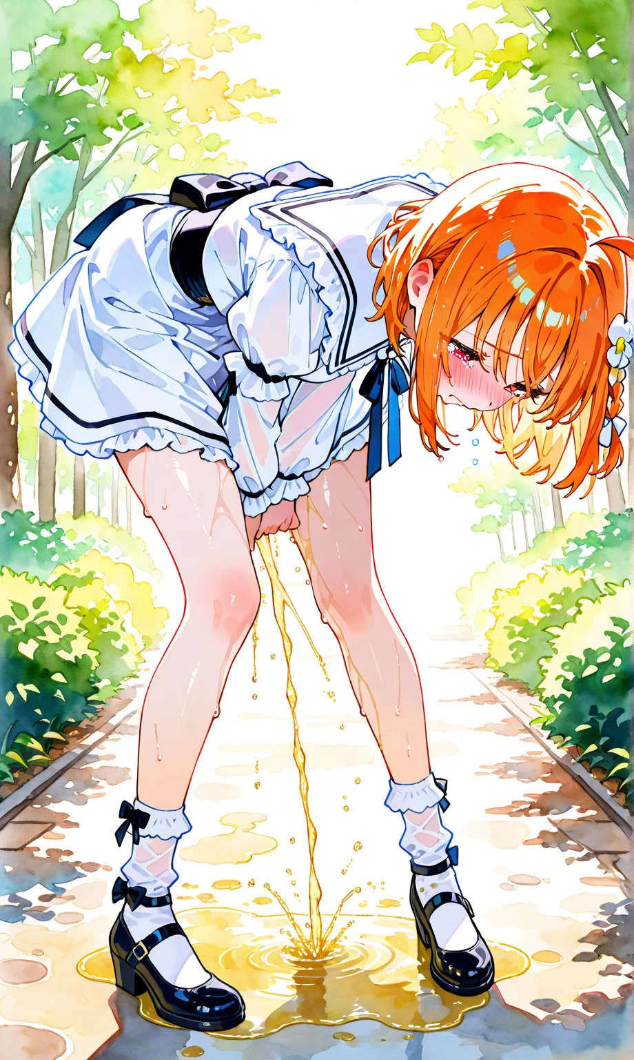 1girl,  nsfw,  houjousatoko, short hair, blonde hair, purple eyes ,hairband,  , empty eyes , large breasts, nipple, Standing pee,, Abandoned Hospital　frozen, wet, crying ,,  Naked, solo , (1girl) , Peeing, lactation, projectile lactation