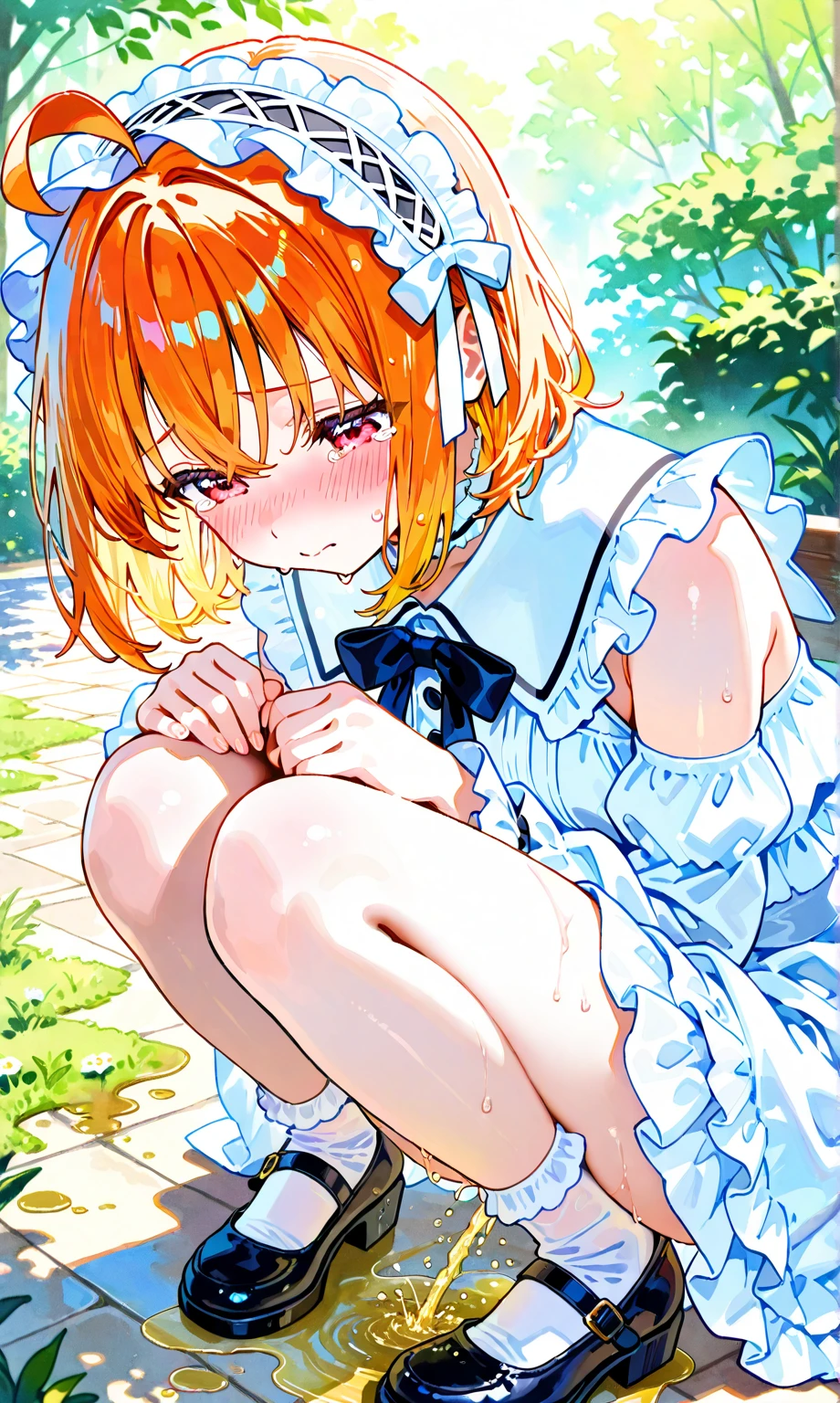 4k, 1toddler, solo, shiny skin, short hair, wolfcut, solo, shiny skin, short hair, wolfcut, wavy hair, light green hair, large eyes, (flat chest), ((infantile build)), sitting, (((spread legs))), (((spread pussy))), ((pussy juice)), kupaa, looking down, ((ahegao)), (nose blush), wearing one-piece dress, white dress, sleeveless dress, ((pointy nipples)), white sandals, straw hat, sweat, Clothes soaked in sweat and transparent, Clothes are transparent and nipples are visible, (skirt lift), blue sky, sunflower field, from below