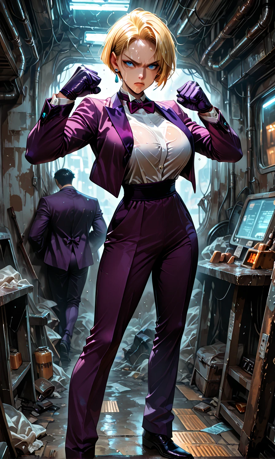 A woman in a purple suit is fighting surrounded by zombies
