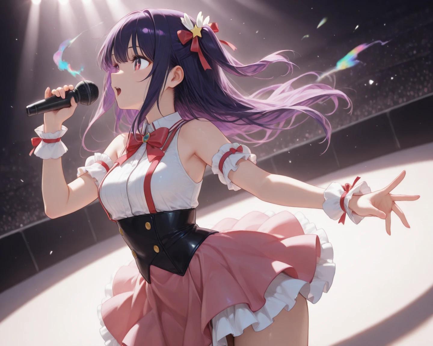 (masterpiece, Best quality, 8K, 1080P, HD, highlight the conveyed intentions through movements, diversify the lighting aspect to create the desired atmosphere, accentuate the posing to emphasize more of the physical curves, genuinely immersive facial expression, enhance image colouring, in depth colouring backdrop, glossier surface, idol outfit, fabric is softer and loosened, diverse in hair movements, side angle viewing full profile), 2 woman, for 1 {Ai Hoshino (oshi no ko), hair (straight long and dark purple), purple eyes, tied left hair}, for 2 {Kanon (the world god only knows), short pink hair, ribbon, red eyes}, both is on stage apart holding star-shaped mic in singing pose, with rainbow smoke mist all around, in a grand concert celebration scene