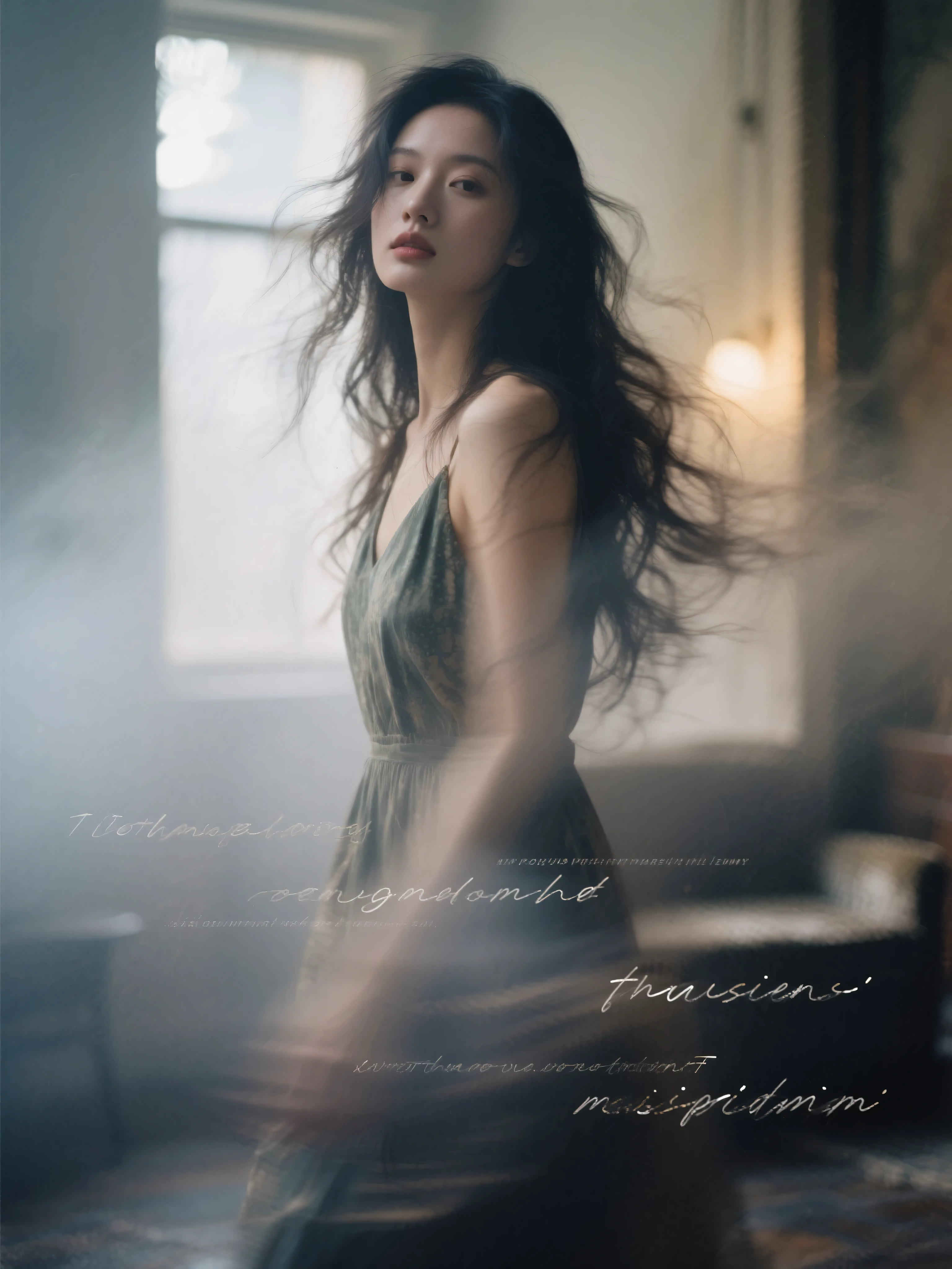 Good-looking woman，long hair messy and flowing，portraits and interior scenes，mood fusion，blurry gradient transition，font innovation，Low saturation，Dark，Light， atmosphere under the stars，Layering，perspective，High noise ，film particles，Hazy Aesthetics ，Dynamic aesthetics，Surrealism， Classy，English message embellishment。