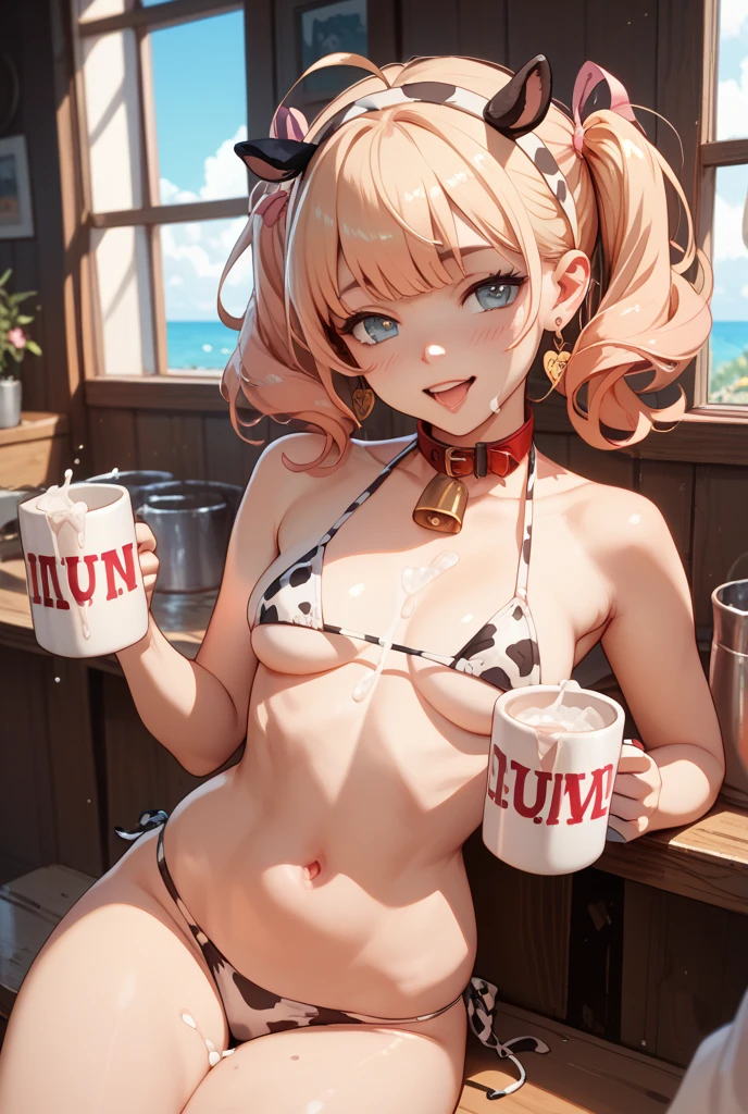 Beautiful illustration, best quality, cute girl, ((Inside a barn)), pastel color, natural tones, ((Hay bale at background)), ((Dark Bangs)), ((Cow Horns)), ((Looking at viewer)), ((Slim body)), ((Cow bikini)), ((Happy)), (Blush), bright lighting, ((Big eyes)), ((Drinking a glass of milk)), ((Perfect hands))
