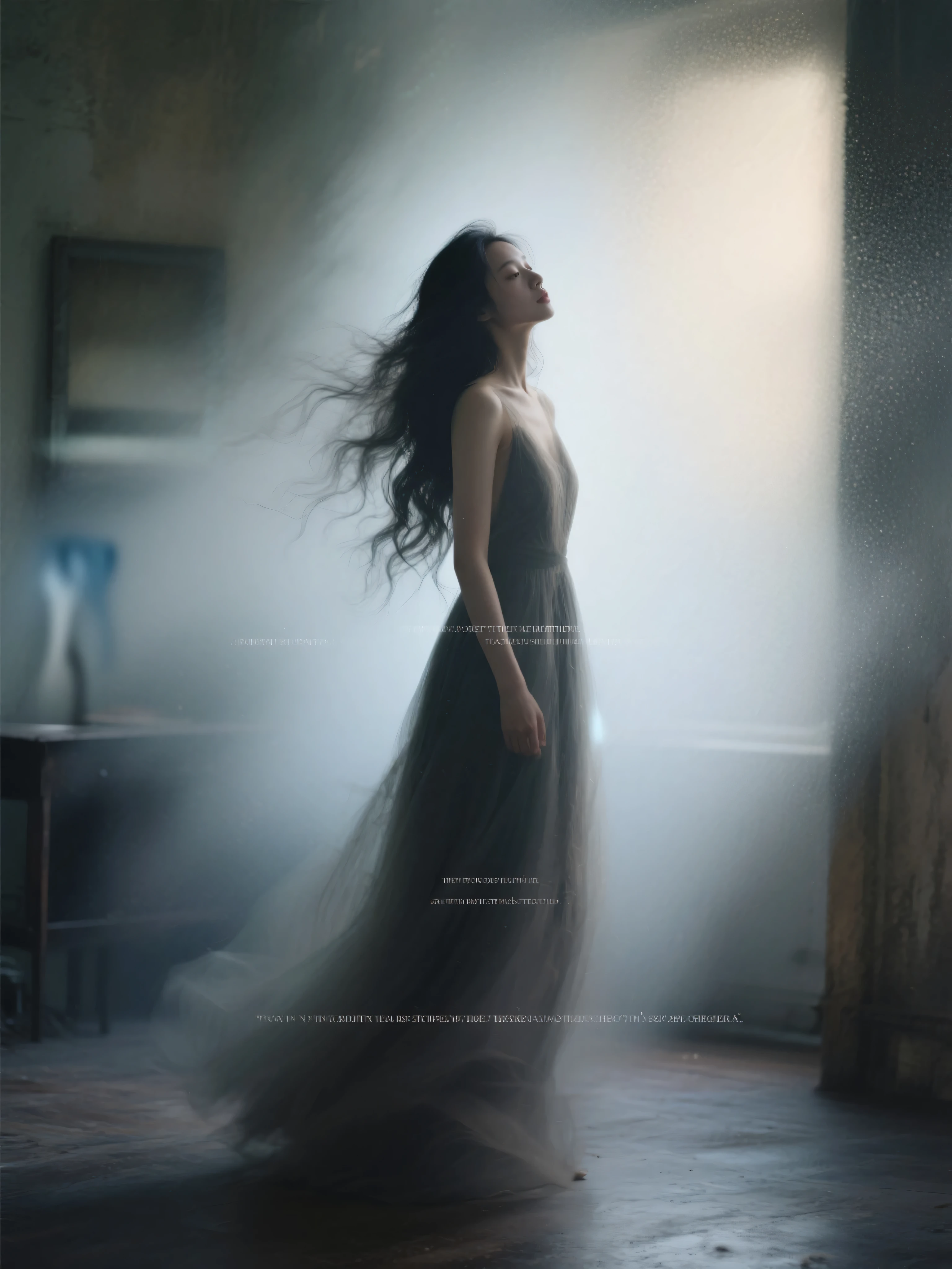 Good-looking woman，long hair messy and flowing，portraits and interior scenes，mood fusion，blurry gradient transition，font innovation，Low saturation，Dark，Light， atmosphere under the stars，Layering，perspective，High noise ，film particles，Hazy Aesthetics ，Dynamic aesthetics，Surrealism， Classy，English message embellishment。