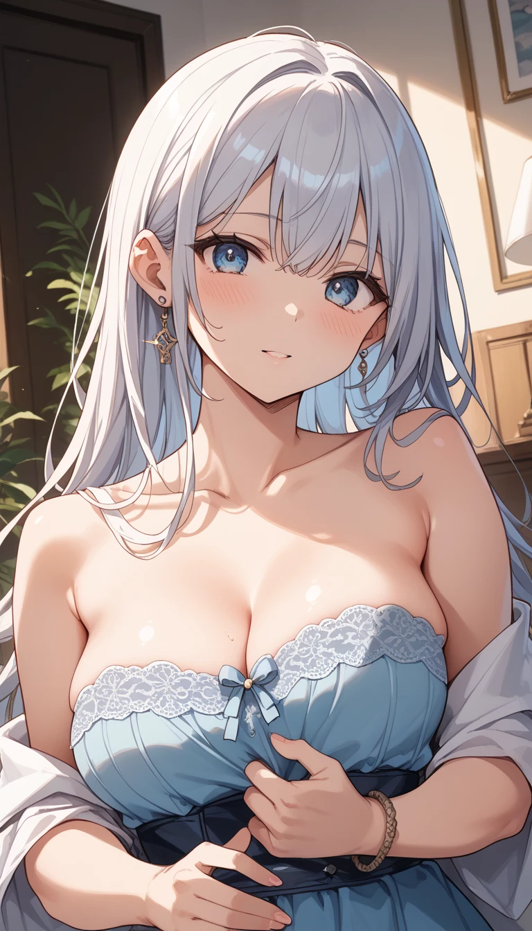 Adult girl, long white hair, blue eyes, beautiful dress, open chest, smile, masterpiece, high quality