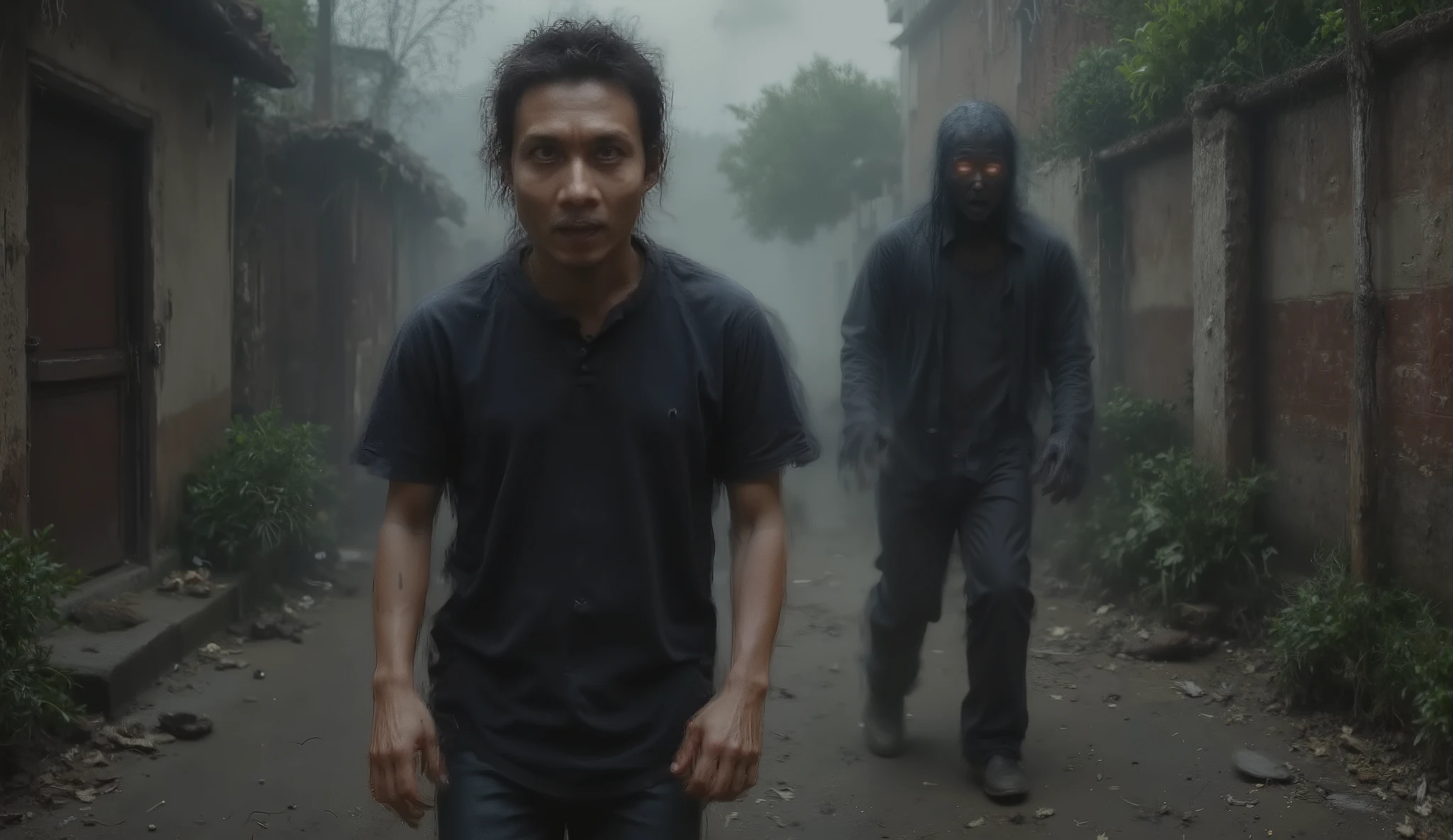 A panicked young Indonesian man running at night, looking over his shoulder in terror. His facial expression is filled with fear — wide eyes, open mouth, tense brows. He is around 25 years old, wearing a t-shirt and jeans, with messy black hair. Behind him, a large shadowy black figure with a vague humanoid form and glowing faint red eyes chases him. The background is a dark, foggy rural path or alley, with dim lighting and eerie atmosphere. The scene is cinematic and intense, showing clear fear on the man's face. Emphasize the panic and desperation in his expression. Only the man and the shadow are visible.