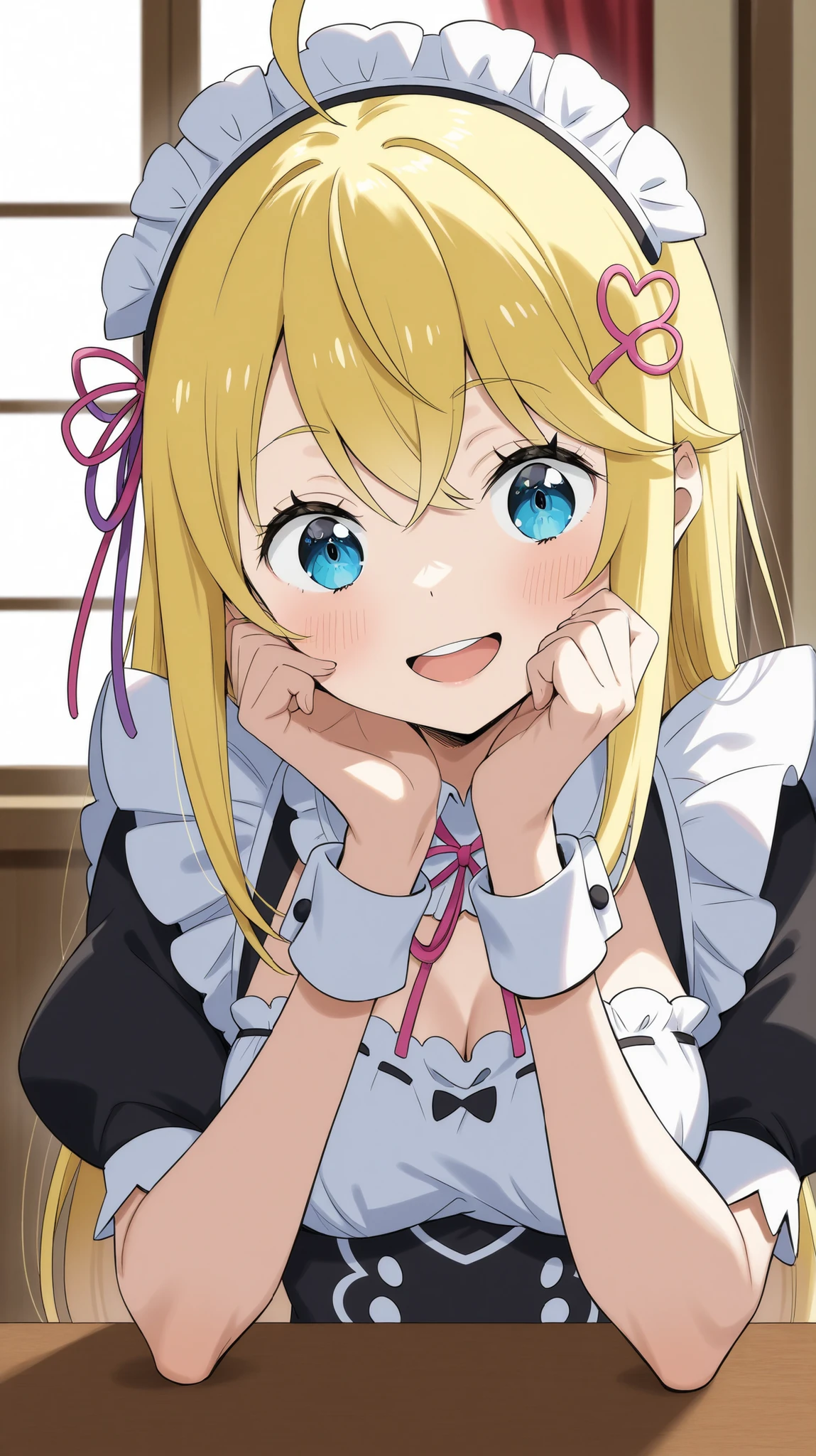 re;Zero maid clothes、re;Zero Rem's hair ornament、top quality_masterpiece、anatomically accurate、Remain Alisa Mikhailovna Kujo、Maid Cafe、big 、Beautiful girl、omelette placed on the table、make a heart mark with both hands、winks at the end、Smiling、4K、8K、high resolution、Masterpiece，I feel a little excited by tilting my head slightly to the side，天使のSmiling，