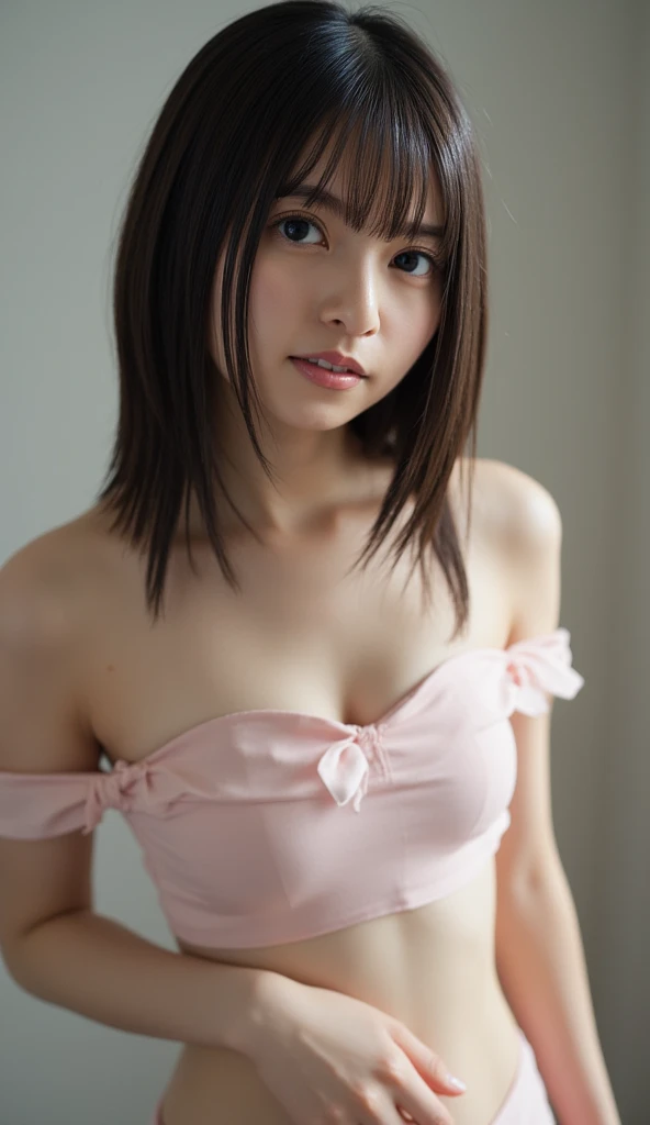 (8K, RAW Photos, Highest quality, masterpiece: 1.4), (Realistic, photoRealistic: 1.4), Super detailed, Ultra-high resolution, One Girl, Beholder, Beautifully detailed face, smile, (Slim waist: 1.0), Beautifully detailed skin, Skin Texture, Floating Hair, Professional Lighting, Middle Chest, Kind eyes,(small wet breasts:1.6), (beautiful nipples:1.4),(undressing:1.9), (:1.0), (law panty:1.5), (sleeveless wet blouse:1.2),(Feather Cut:1.0), (petite:1.0),(upper body:1.0)