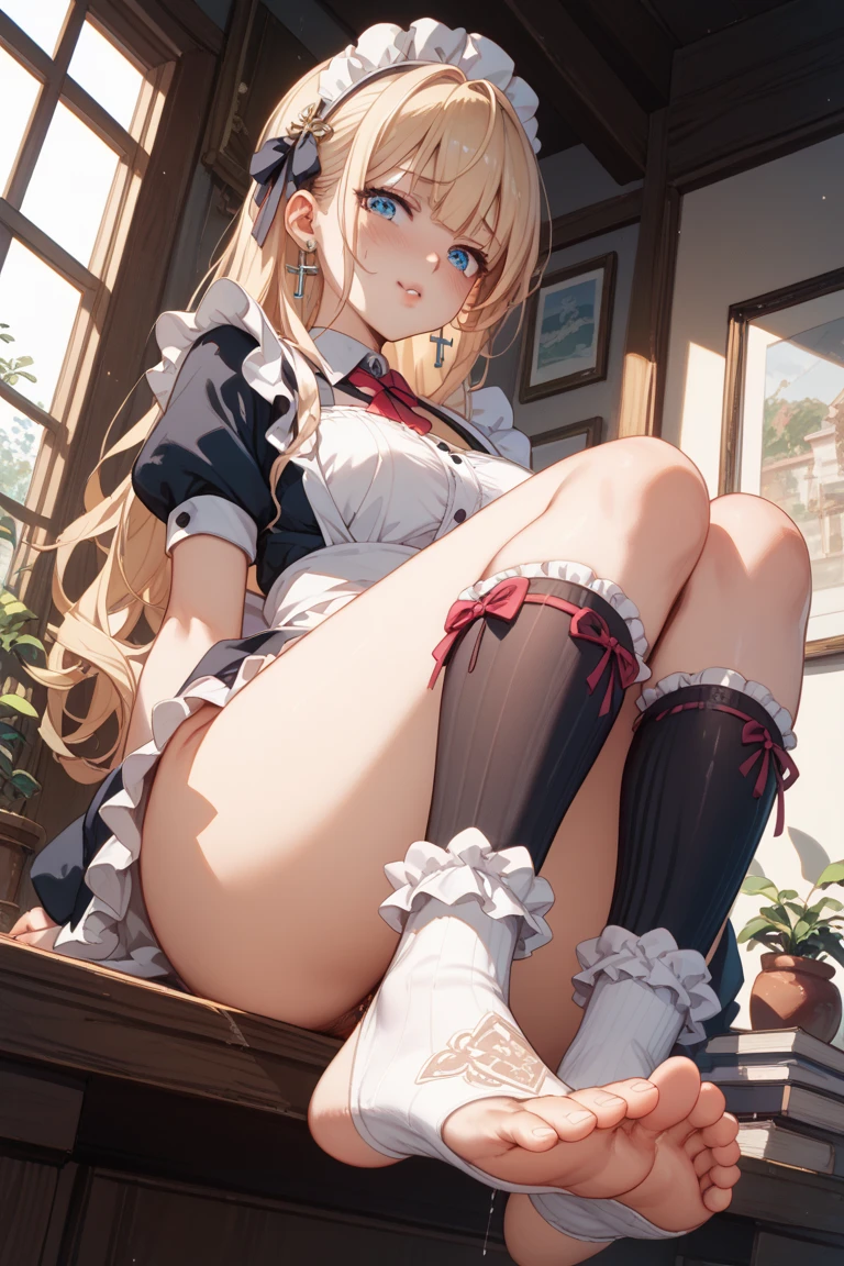 (footjob:1.3), Masterpiece、Highest quality、Highest quality, (long and thin legs, shoes:1.2), Arm behind wrist, squat、Spread your legs、1 girl, (smile、Open your mouth大笑い:1.2), Cute eyes, (Detailed face:1.3)、Open your mouth, The whole face turns red, alone, Big and ample breasts, (Straight bangs, Twin tails), White maid outfit、Side bust、Underbust、belly button、Walking through the mansion'corridor、nsfw