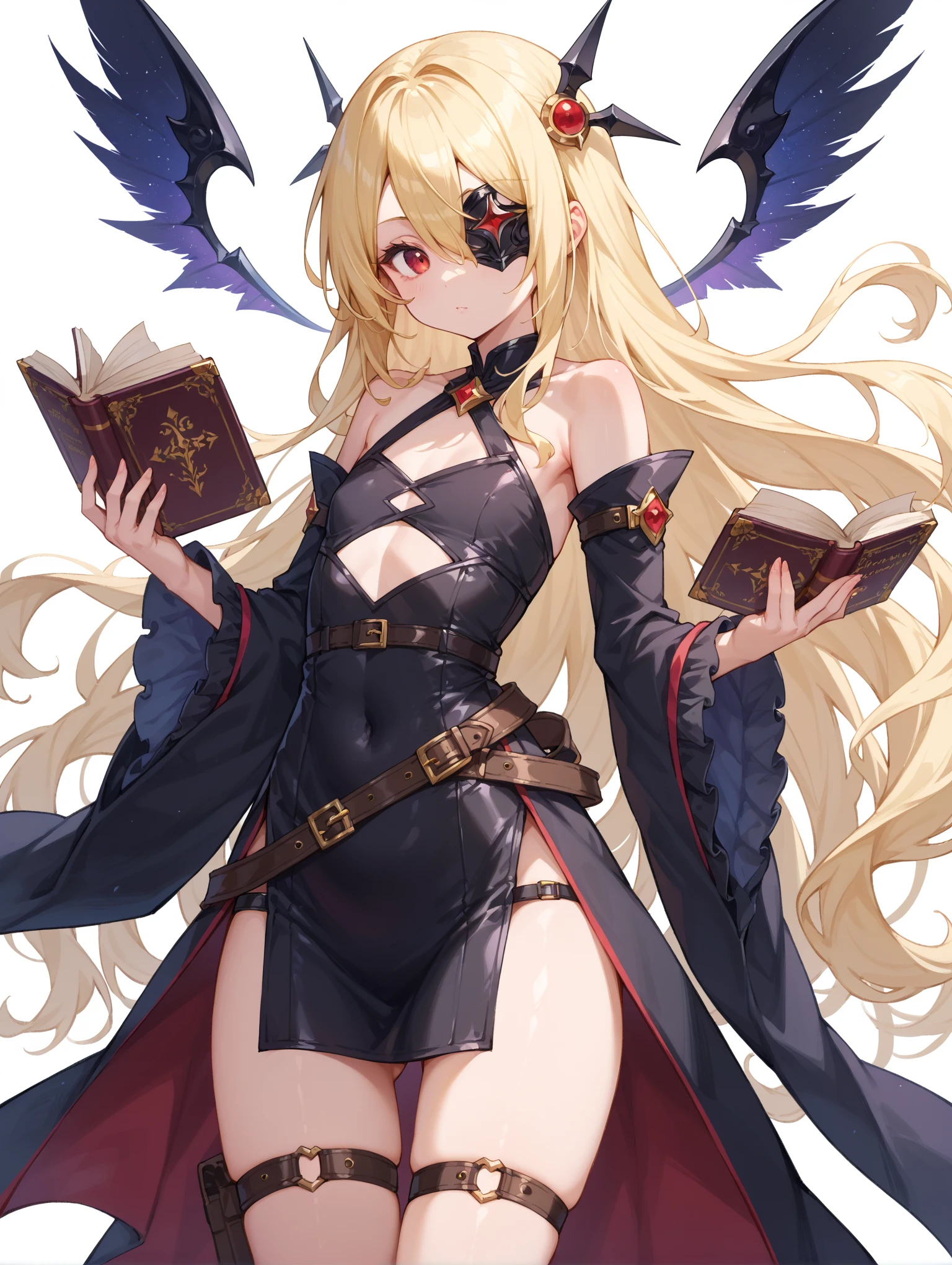 (extremely detailed CG, best quality:1.1), 1girl, perfect face, bright pupils, (finely detailed beautiful eyes:1.1), shiny skin, lustrous skin, wide hips, narrow waist, grey eyes, long hair, blonde hair, ahoge, cape, circlet, bodystocking, turtleneck, thighhighs, cleavage, yellow panties, book, holding book, elbow gloves, high heels, toeless footwear, grey background, simple background, <lora:Ophelia:0.7>