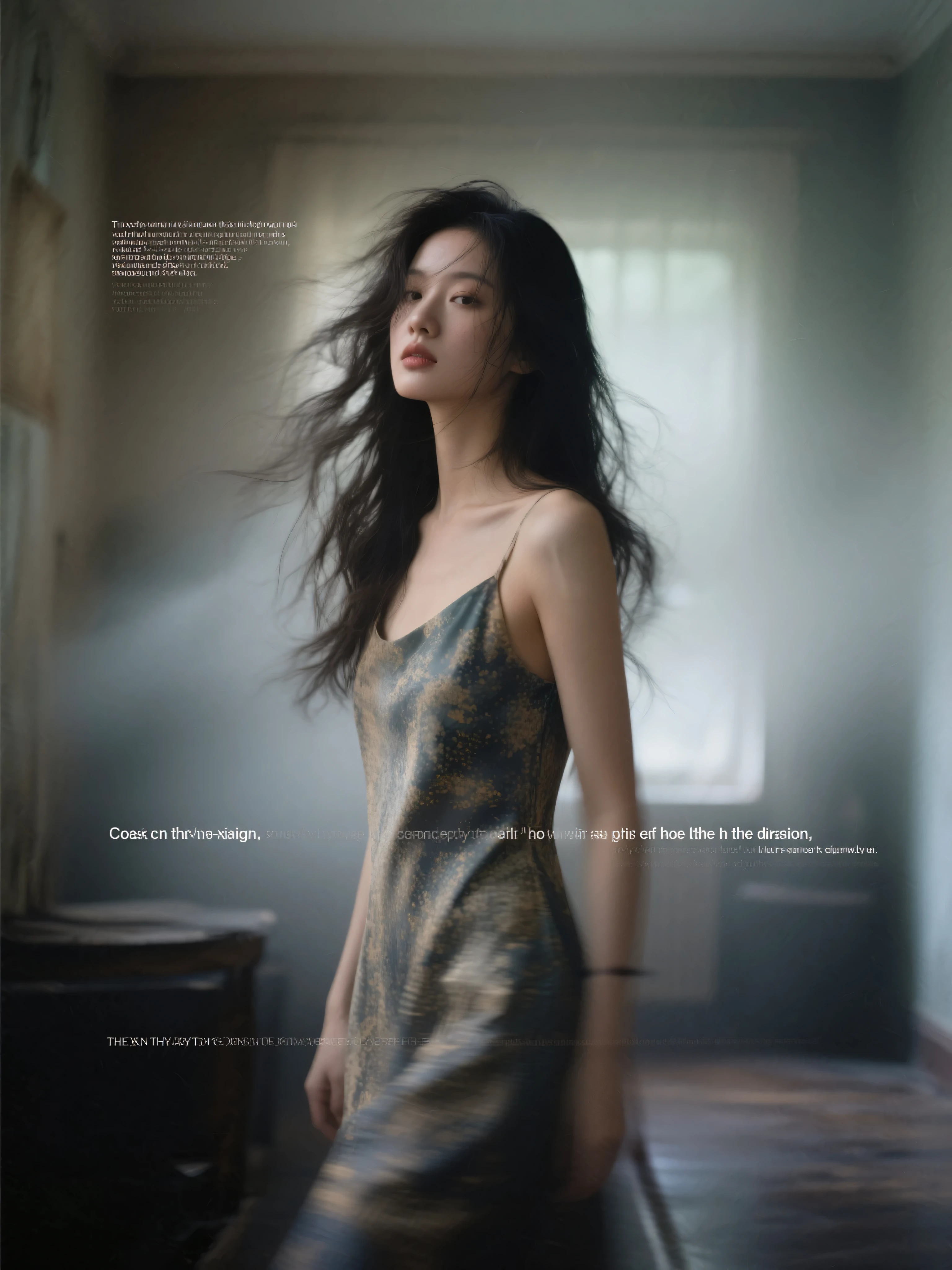 Good-looking woman，long hair messy and flowing，portraits and interior scenes，mood fusion，blurry gradient transition，font innovation，Low saturation，Dark，Light， atmosphere under the stars，Layering，perspective，High noise ，film particles，Hazy Aesthetics ，Dynamic aesthetics，Surrealism， Classy，English message embellishment。