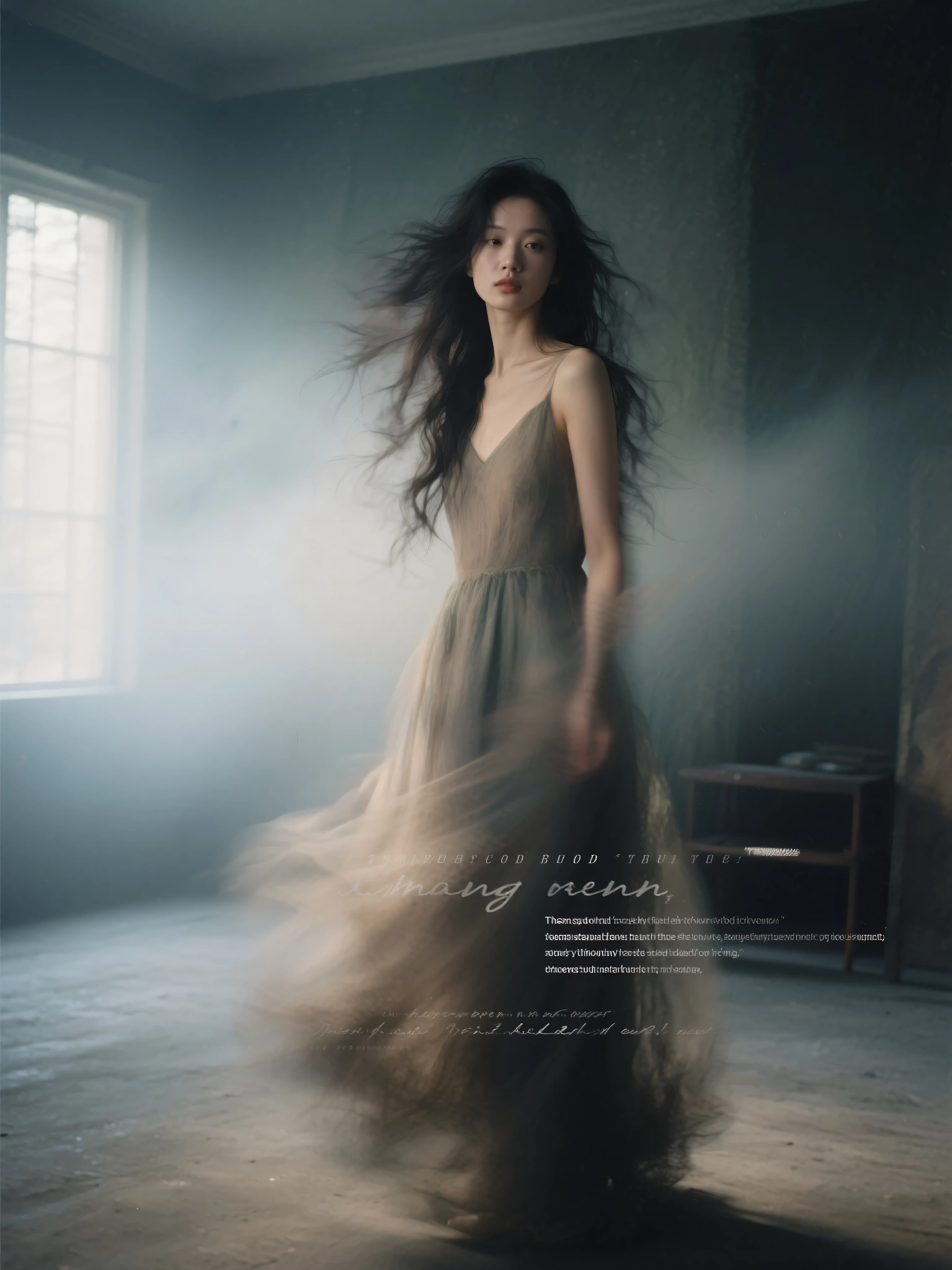 Good-looking woman，long hair messy and flowing，portraits and interior scenes，mood fusion，blurry gradient transition，font innovation，Low saturation，Dark，Light， atmosphere under the stars，Layering，perspective，High noise ，film particles，Hazy Aesthetics ，Dynamic aesthetics，Surrealism， Classy，English message embellishment。