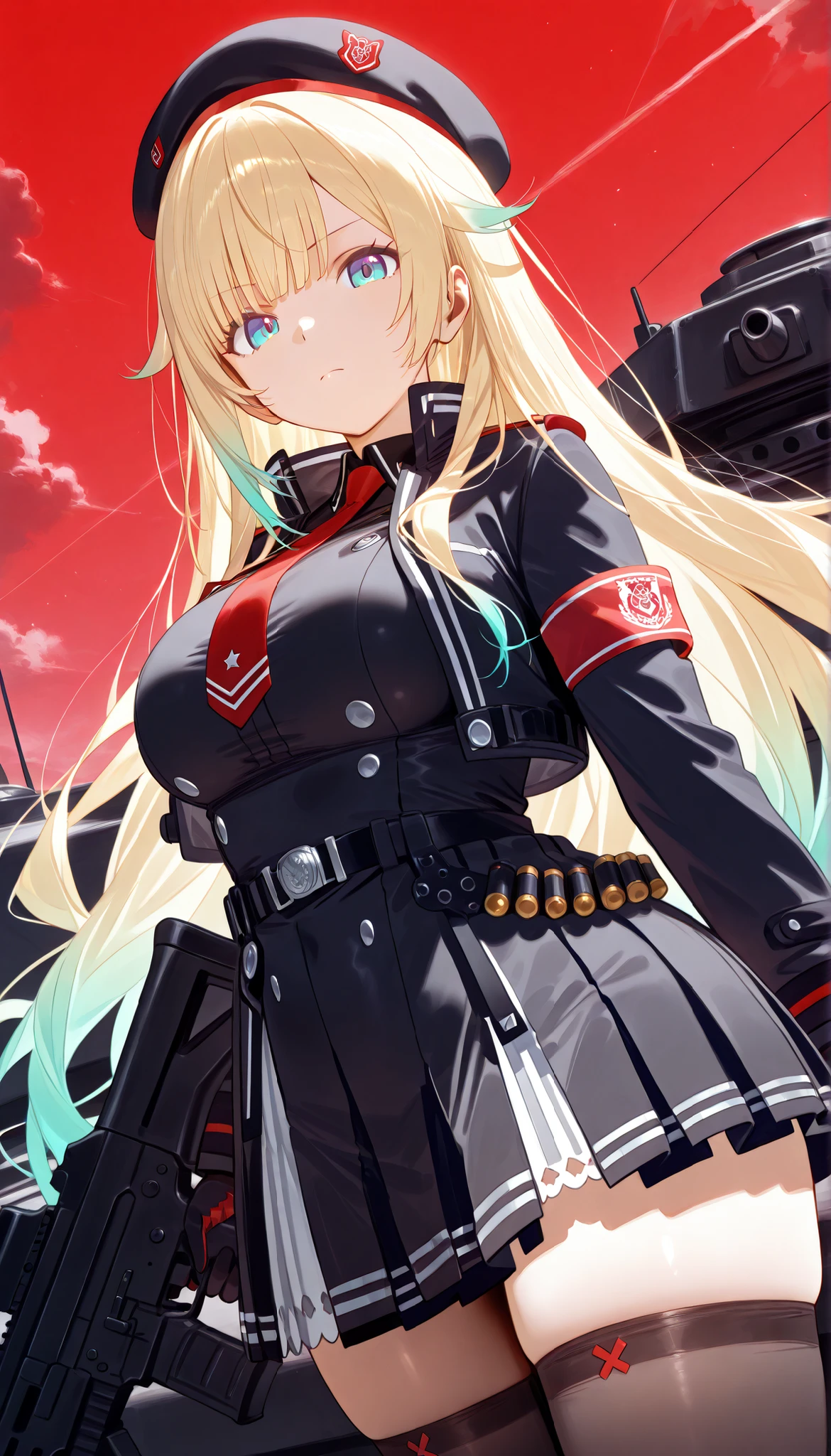 masterpiece, score_9, score_8_up, score_7_up, anime, pinup, Supreme Masterpiece, perfect eyes, perfect face, Best Quality, high resolution, aizawa ema, 1girl, virtual youtuber, blonde hair, aqua hair, gradient hair, long hair, very long hair, blunt bangs, blue eyes, large breasts, beret, black jacket, cropped jacket, red necktie, gloves, black shirt, belt, thighhighs, standing, side angle, military base, tank, red sky, dark world, serious, assault Rifle