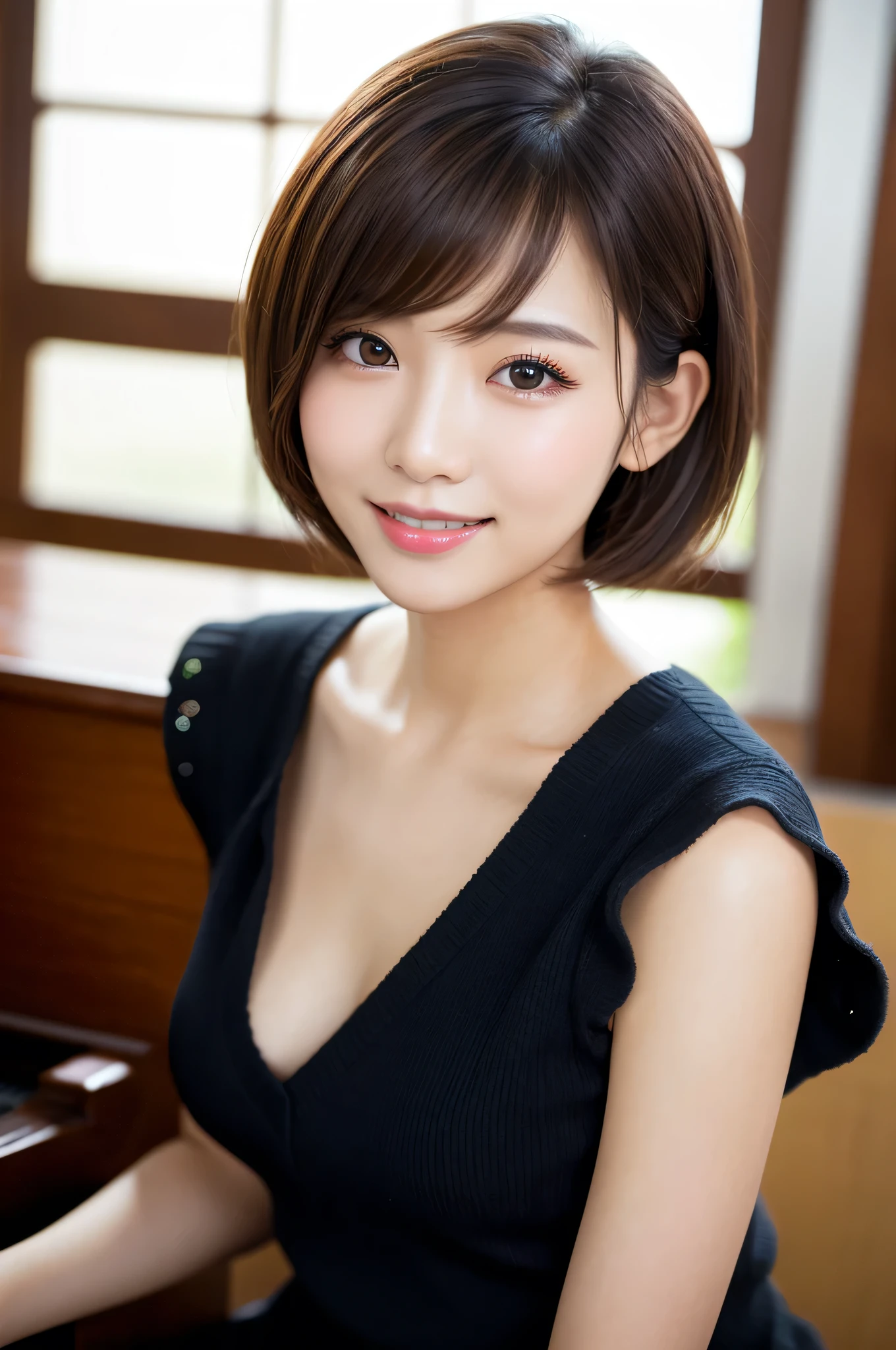 ((My face will definitely stay like thiasterpiece))、((highest quality))、photograph、reality、High level image quality、married woman、30 generations、delicate features、short hair、Realistic background and accessories(necklace、ring)、big and soft breasts、chest bulge、sexy smile、stylish cafe、Black Tight(shirt、((Indirect lighting only))、proudly、View from the front、mature woman、Sexy appeal、