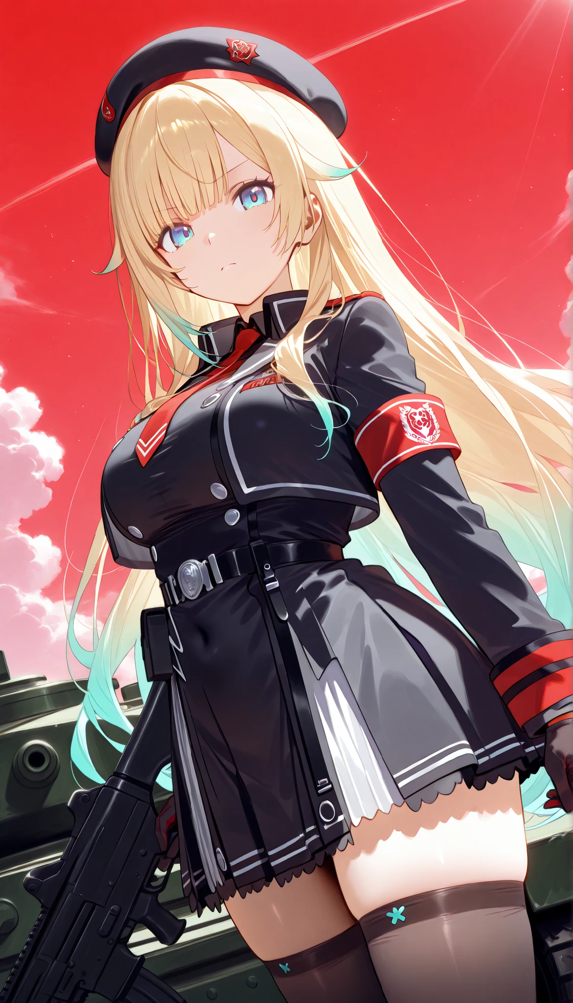 masterpiece, score_9, score_8_up, score_7_up, anime, pinup, Supreme Masterpiece, perfect eyes, perfect face, Best Quality, high resolution, aizawa ema, 1girl, virtual youtuber, blonde hair, aqua hair, gradient hair, long hair, very long hair, blunt bangs, blue eyes, large breasts, beret, black jacket, cropped jacket, red necktie, gloves, black shirt, belt, thighhighs, standing, side angle, military base, tank, red sky, dark world, serious, assault Rifle