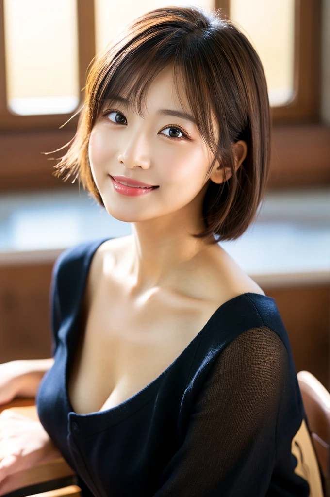 table top, highest quality, shape, Super detailed, finely, High resolution, 8k wallpaper, 完璧なダイナミックな構shape、Mature woman 27 years old cute girl、sweet girl、fiery idol pose、detailed face、Super detailedかわいい目、realistic lips、realistic and beautiful skin、shy smile、wavy brown short cut hair、small breasts、bold sexy pose、Sweater with one shoulder exposed、amusement park、